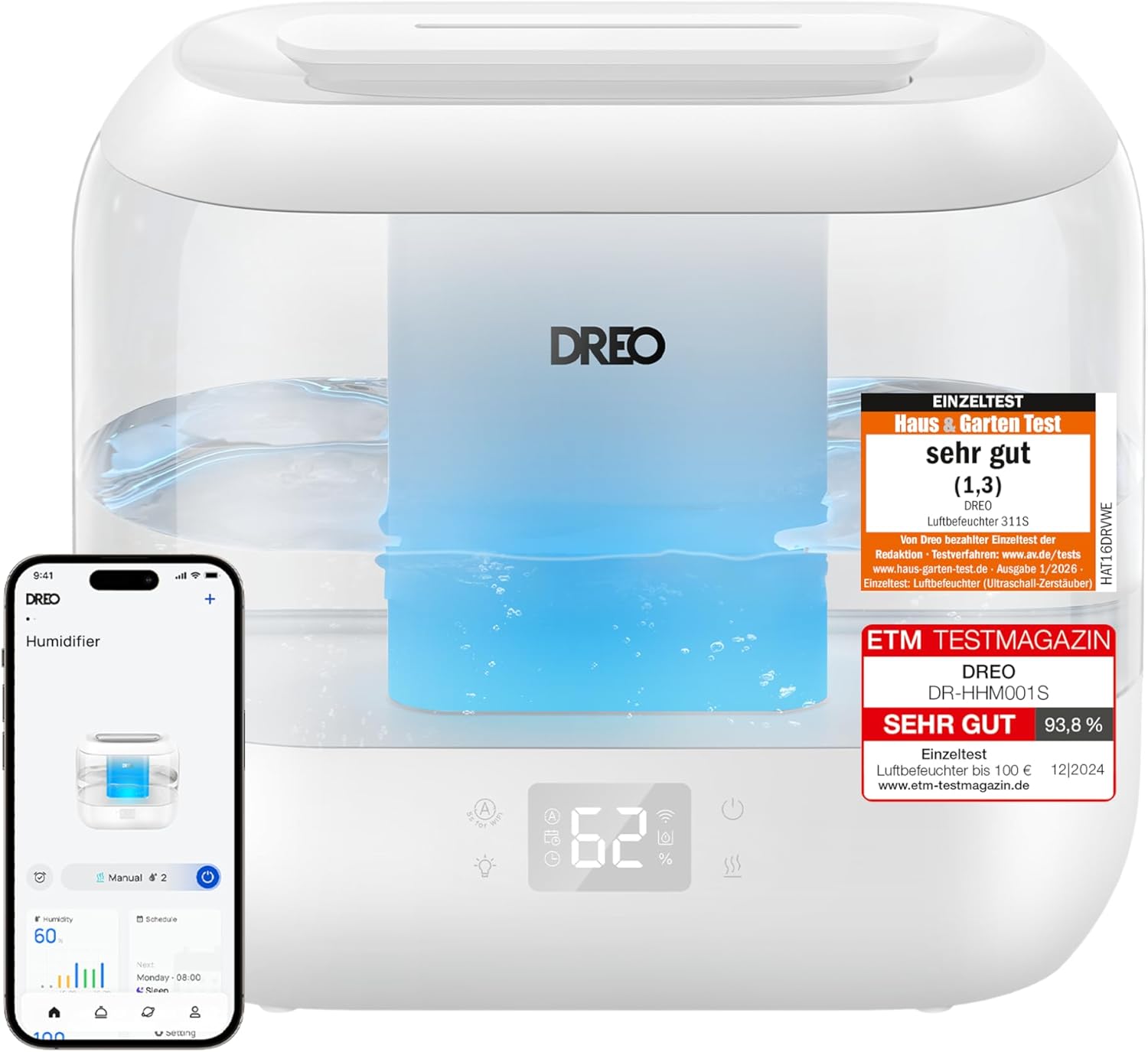 DREO Smart-Luftbefeuchter für Schlafzimmer, von oben befüllbarer 4-Liter-Siuper-Large Cooler Mist-Luftbefeuchter mit Öldiffusor und Nachtlicht, 36 Stunden Laufzeit, leiser Ultraschall-Luftbefeuchter für zu Hause