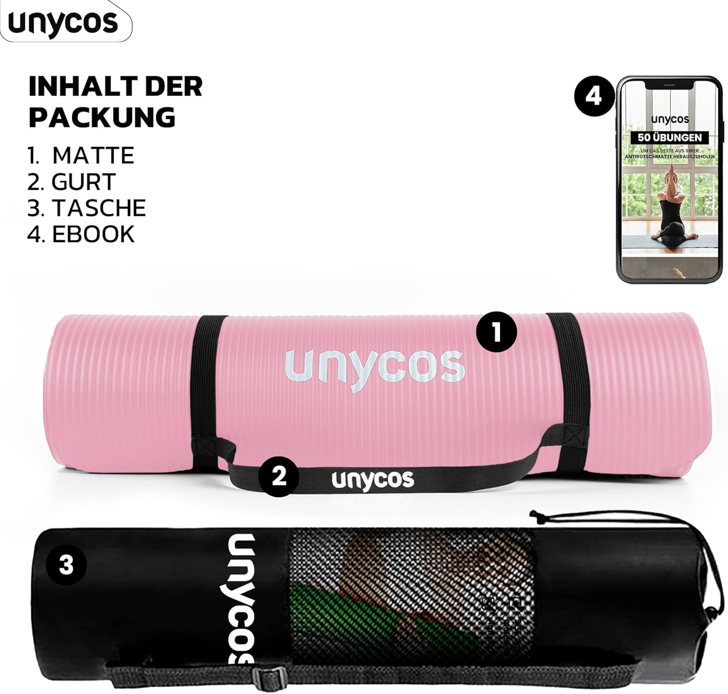 unycos - Yogamatte rutschfest | Hohe Dichte 6/10/15 mm, Gymnastikmatte mit Tragegurt und Schultergurt. 【Inklusive E-Book】 Hautfreundliche Fitnessmatte für Pilates, Trainingsmatte, Fitnessstudio – Bild 3