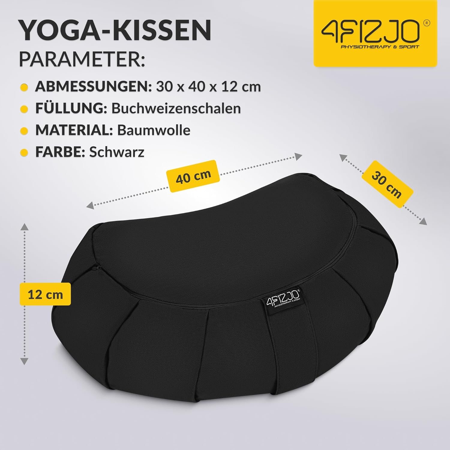 4FIZJO Halbmond-Yogakissen mit Buchweizenschalen, Meditationskissen, natürliche Füllung, Sitzkissen, perfekt für bequemes Yoga, Meditation, Achtsamkeit, 40 x 30 x 12 cm, schwarz – Bild 3