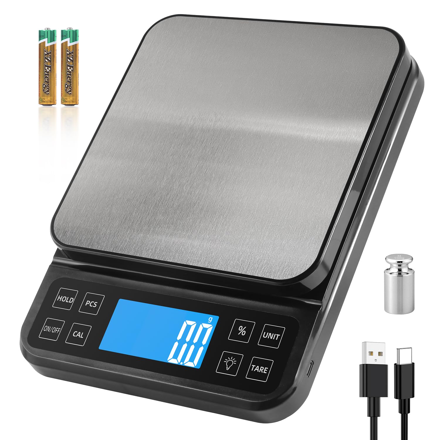 BOMATA 0,1 g/5 kg große digitale Küchenwaage, hochpräzise Bäckereiwaage mit %-Prozentfunktion, wiederaufladbar über USB, Wiegeplatte aus Edelstahl