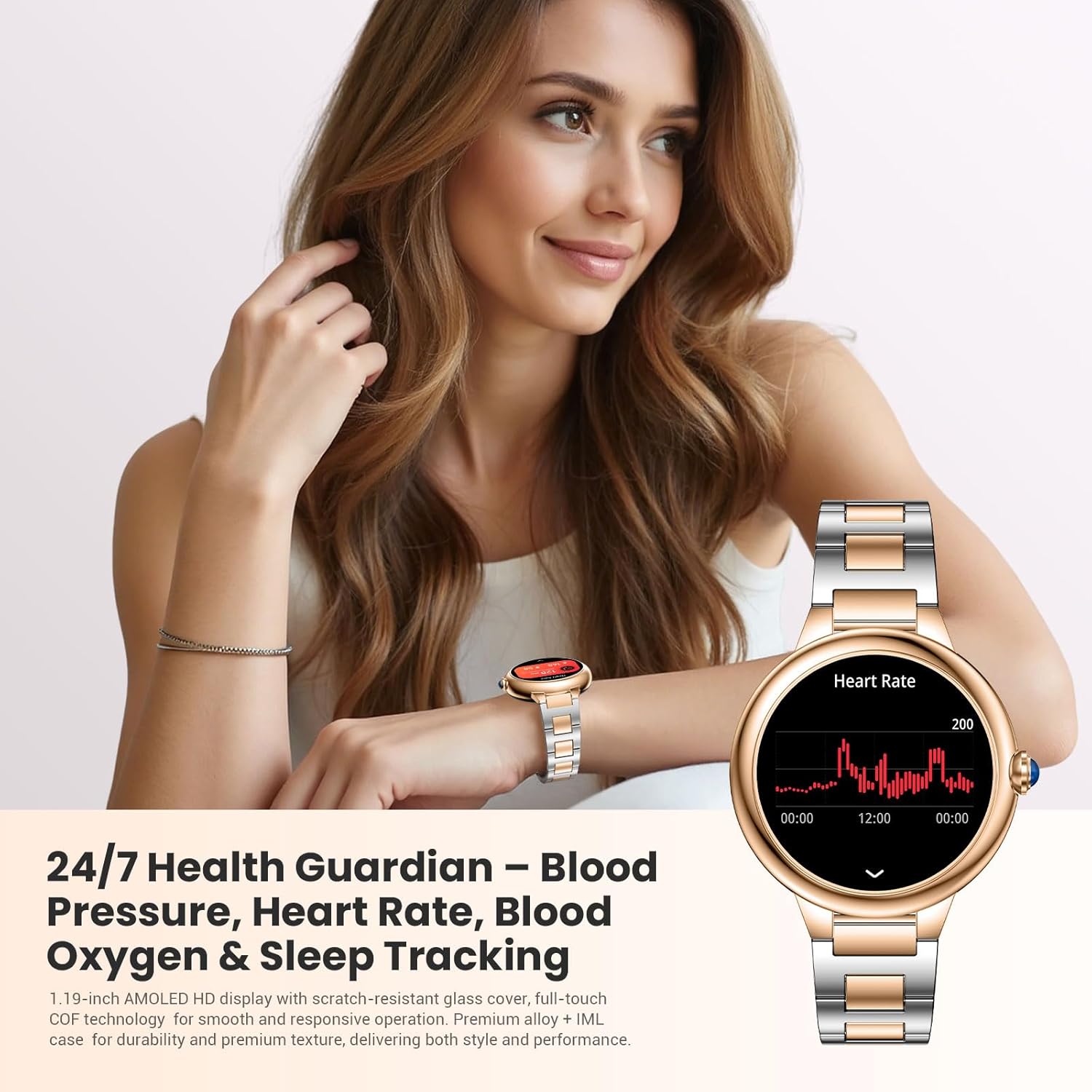 Upgrade Damen Smartwatch mit Telefonfunktion 1,19 Zoll AMOLED Fitness Tracker, 100+ Sportmodi, IP67 Wasserdicht mit Herzfrequenz SpO2 Schlafmonitor Schrittzähler Smartwatch für iOS Android Silber Gold – Bild 3