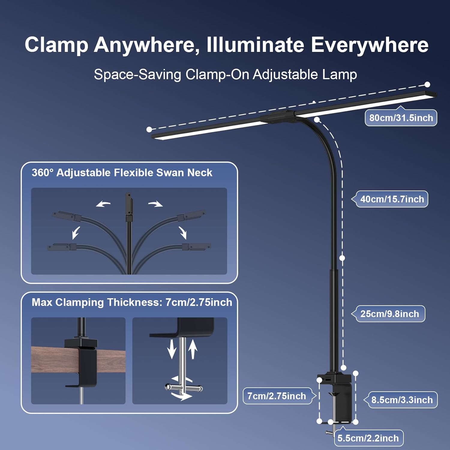 Schreibtischlampe LED dimmbar – 1500LM 24W klemmbare Büro-Schreibtischlampe mit Fernbedienung, 80 cm Schwanenhals-Schreibtischlampe, Tageslichtlampe mit Ladefunktion, für Büro und Zuhause, Schwarz – Bild 7