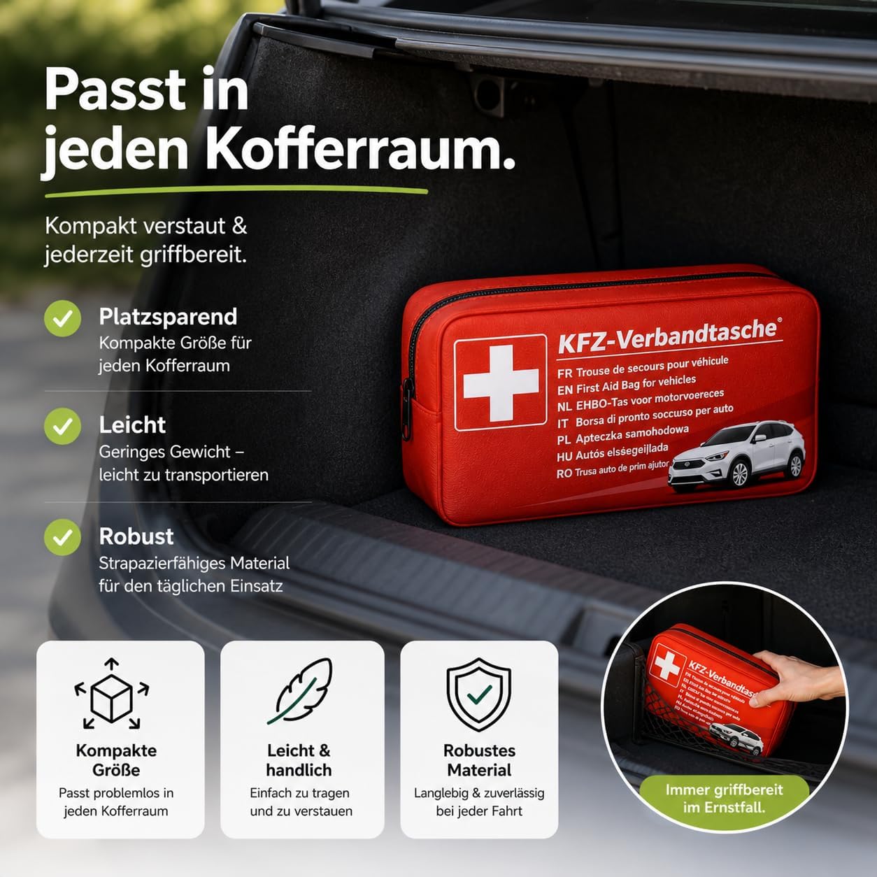 TK Gruppe Timo Klingler 6 in 1 - Kfz-Erste-Hilfe-Set 2022 - Kfz-Verbandkasten Auto - Verbandstasche & Warnweste Pannenweste Unfallweste & Warndreieck - Autozubehör für TÜV – Bild 4