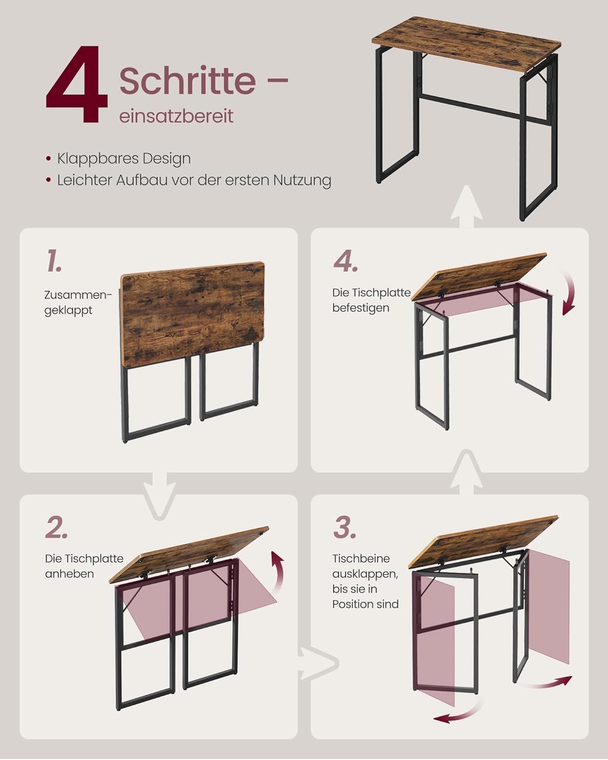 VASAGLE LWD151KD01 Klapptisch, kleiner Schreibtisch, Computertisch, einteilige Platte, abgerundete Ecken, Tisch für Heimbüro, Schlafzimmer, 80 x 40 cm, Vintage-Braun – Bild 7