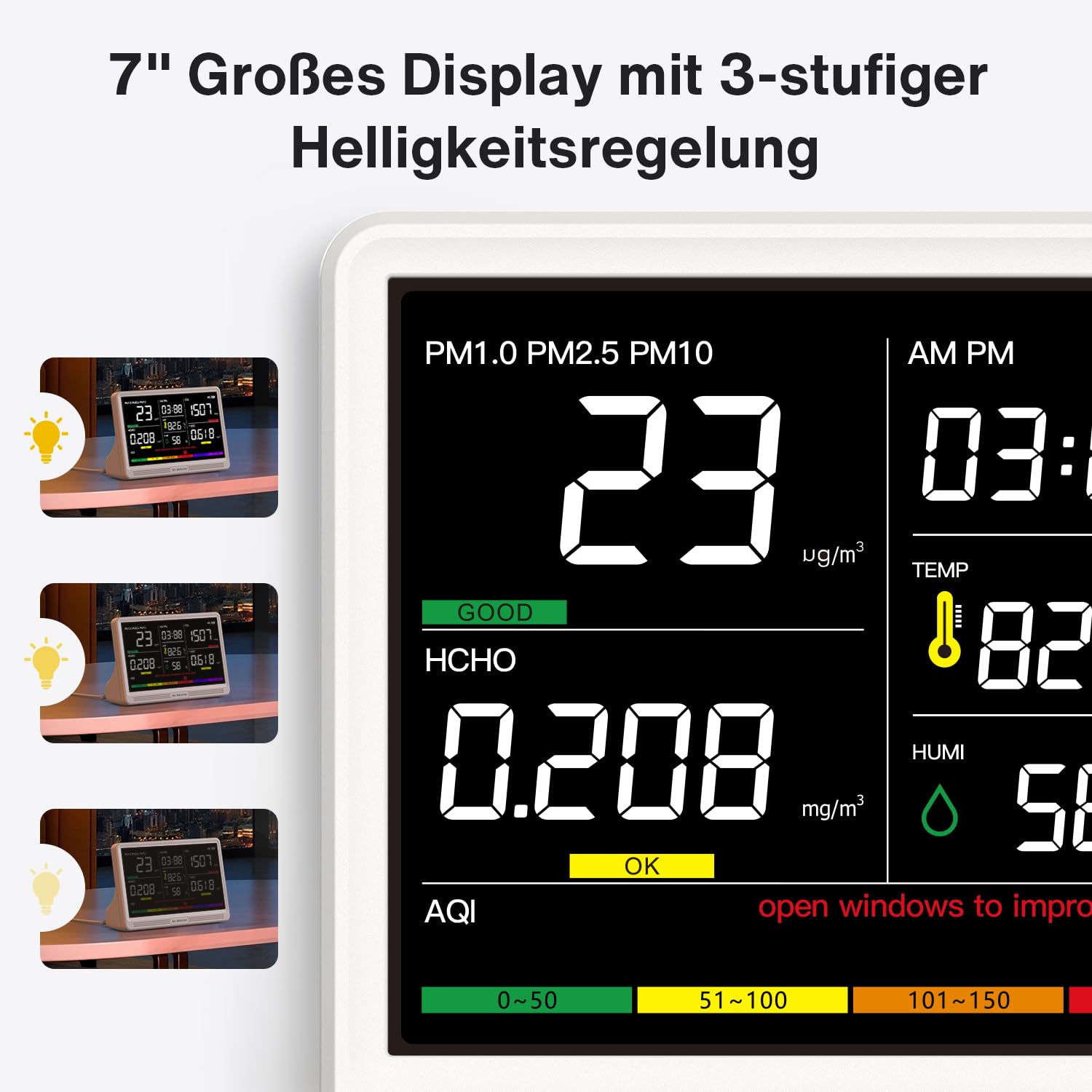 bonoch 16-in-1 Luftqualitätsmessgerät, Luftmessgerät, 9 AQI + 7 AQI-Warnungen, Luftqualitätsmonitor für CO2, TVOC, PM2,5, PM1,0, PM10, HCHO, Temperatur, Luftfeuchtigkeit, AQI und Zeit, Luftqualitätsmonitor – Bild 8