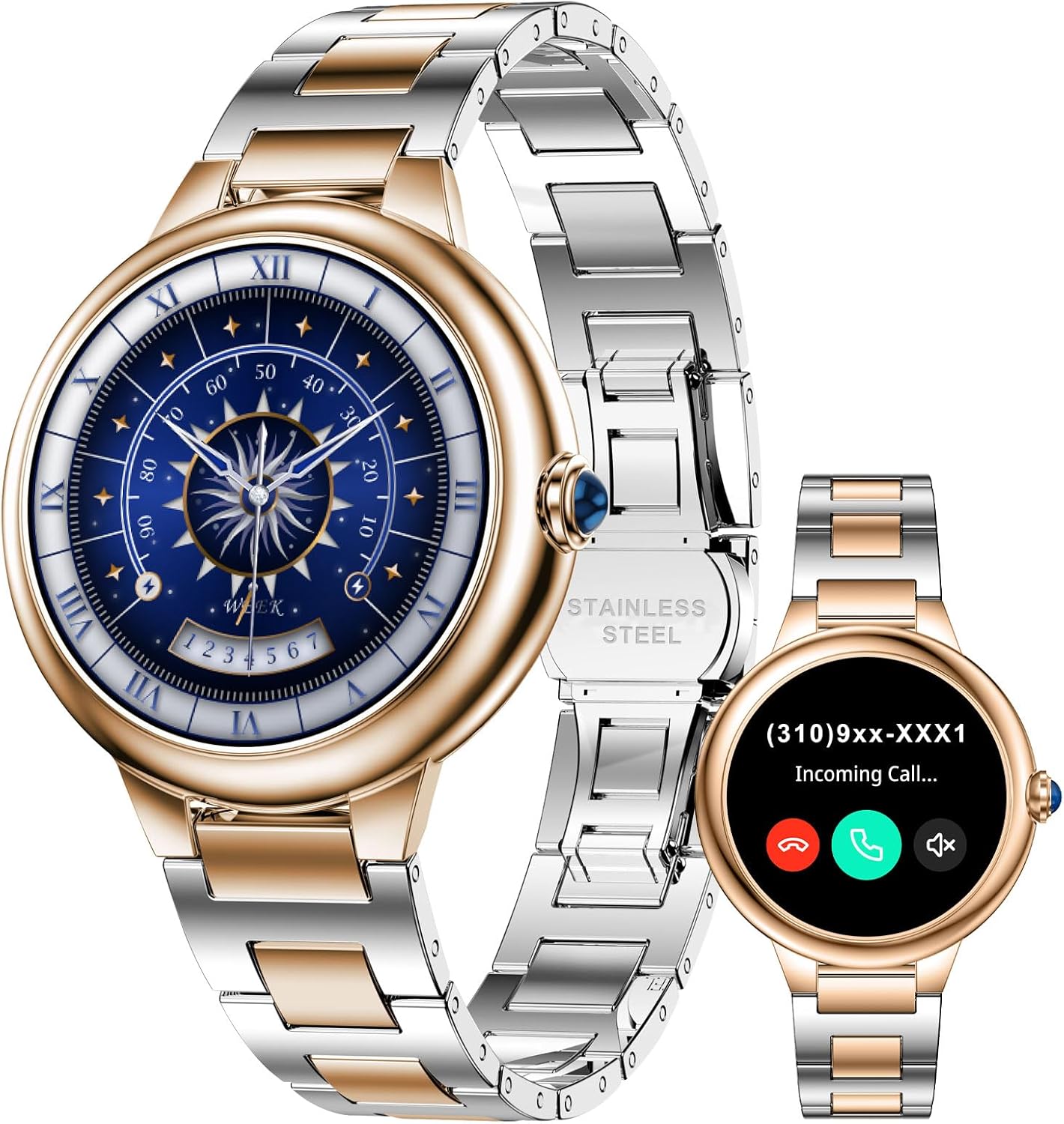Upgrade Damen Smartwatch mit Telefonfunktion 1,19 Zoll AMOLED Fitness Tracker, 100+ Sportmodi, IP67 Wasserdicht mit Herzfrequenz SpO2 Schlafmonitor Schrittzähler Smartwatch für iOS Android Silber Gold