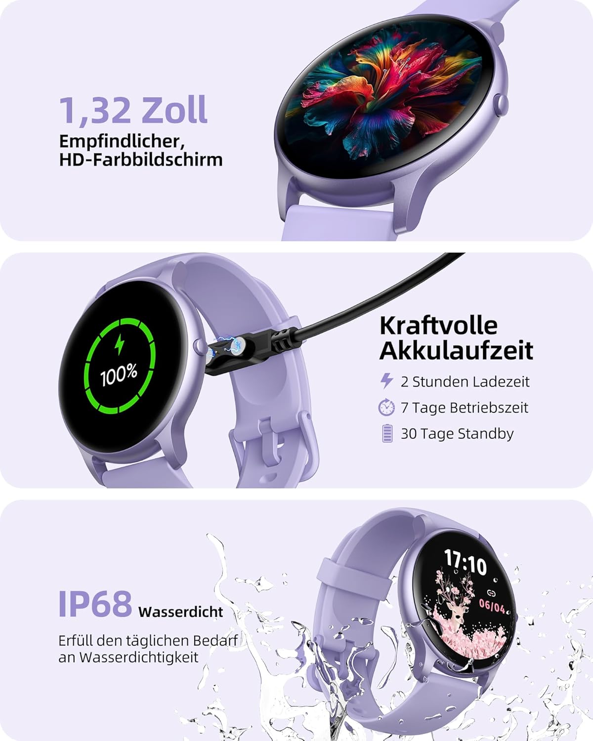 Parsonver SPROD1 Runde Smartwatch für Damen mit Telefonfunktion, Armbanduhr Damen mit Herzfrequenz-Schlafmonitor, SpO2, Schrittzähleruhr mit 100+ Sportmodi, IP68 wasserdicht für Android und iOS, Lila – Bild 7