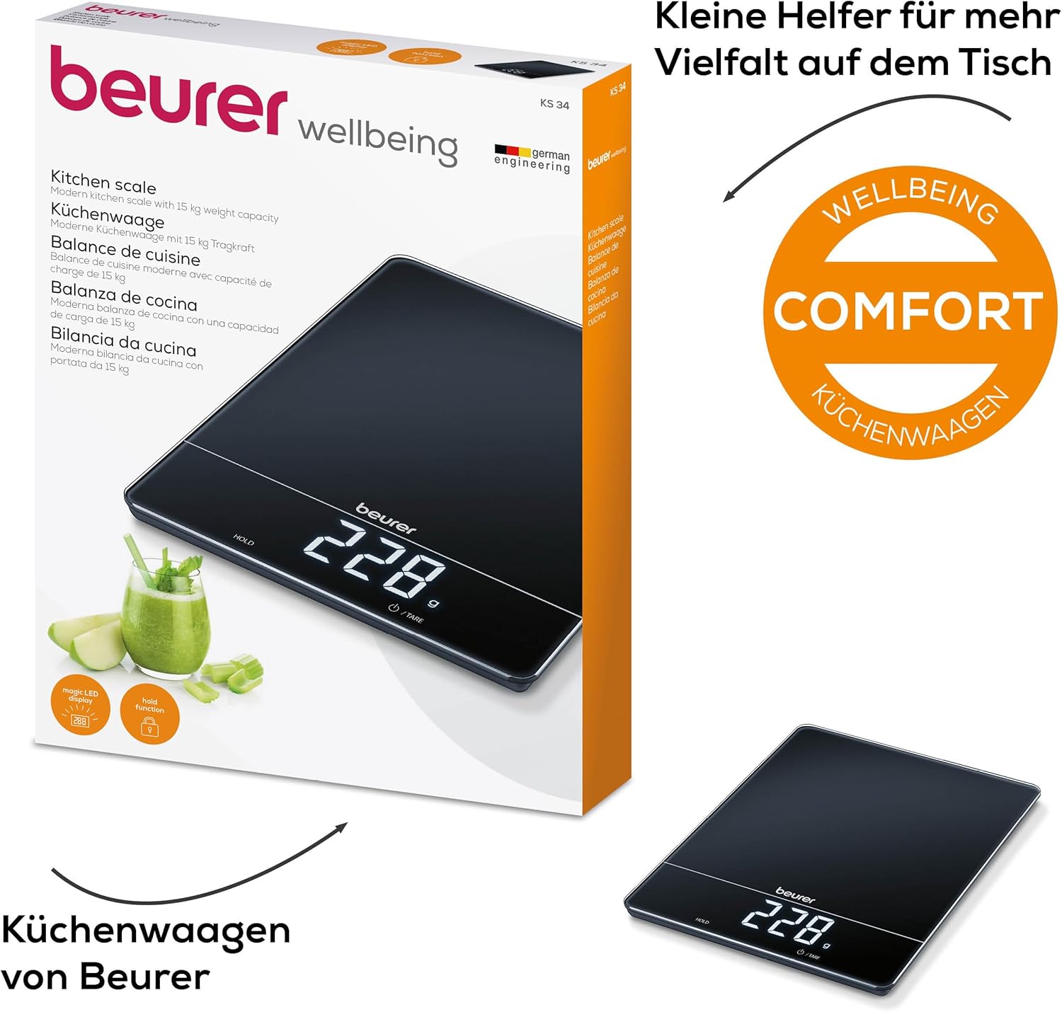 Beurer KS 34 Küchenwaage für präzises Wiegen bis 15 kg mit Tara-Wiegefunktion und Magic LED-Anzeige – Bild 7