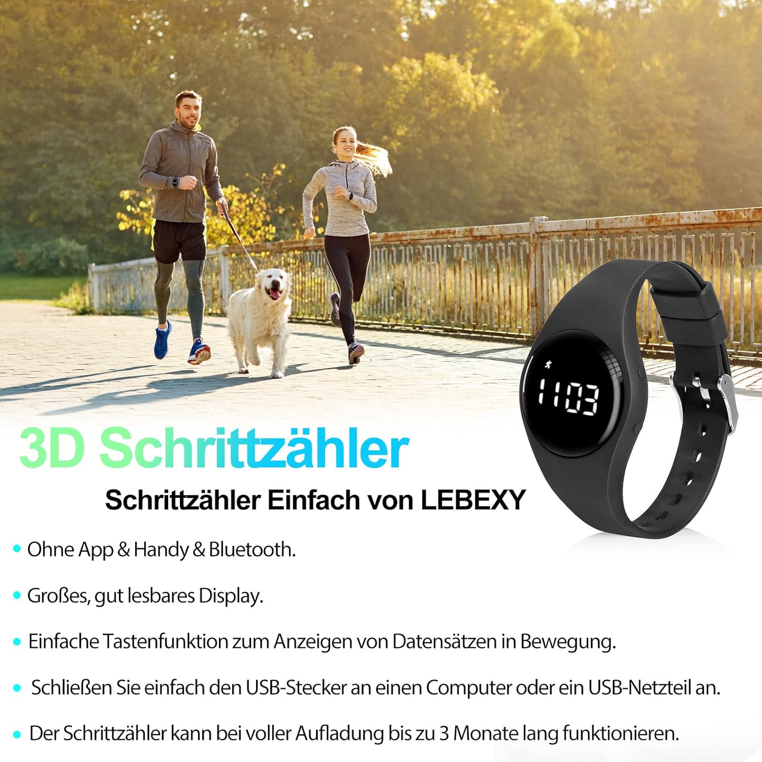 LEBEXY Schrittzähler-Uhr, einfacher Schrittzähler, ohne Bluetooth/ohne App/ohne Handy, Fitness-Armband, Tracker zum Joggen, Walken, Laufen für Damen und Herren, Fitness-Uhr für Schwimmen, Sauna – Bild 6