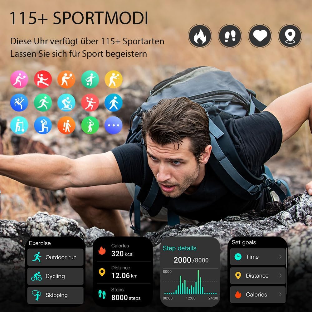 Motast 2026 Smartwatch Damen Herren, 1,96 Zoll Smartwatch, Telefonfunktion, 115+ Sportmodi, Schrittzähleruhr, Herzfrequenz/SpO2/Schlafmonitor, Fitnessuhr, IP68 wasserdichte Sportuhr für Android iOS – Bild 3