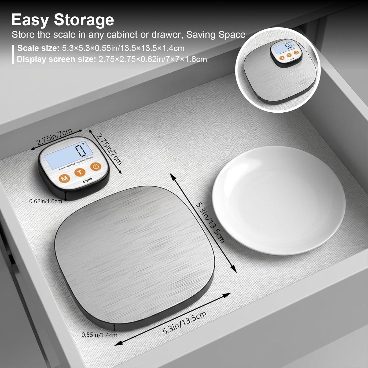 Diyife Aufladende digitale Küchenwaage 15 kg mit geteiltem LCD-Display, Grammwaage hochpräzise 1 g, Lebensmittelwaage aus 304 Edelstahl, 7 Einheiten, abgerundetes Design – Bild 7