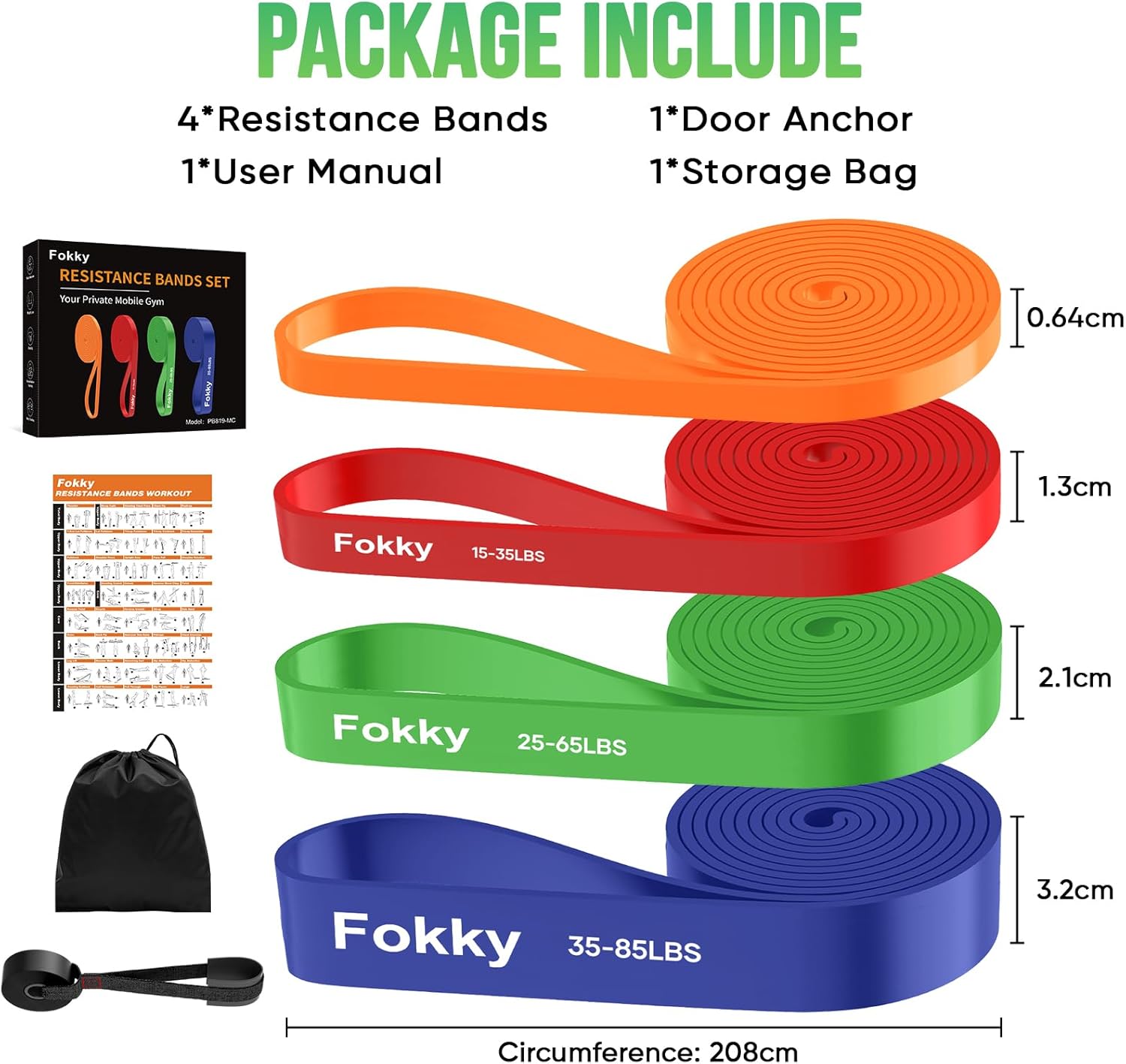 Resistance Bands Widerstandsbänder Set, 4 Stufen Fitnessbänder mit Türanker/Übungsposter/Tragetasche, Klimmzugbänder für Stretching, Krafttraining, Crossfit, Muskelaufbau, Heimtraining, Klimmzughilfe – Bild 8
