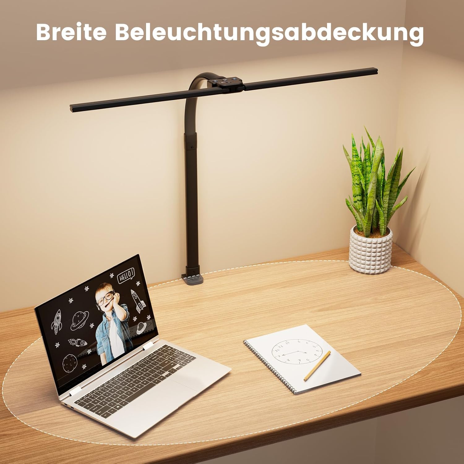 Doppelkopf Schreibtischlampe LED, 24W 76cm Schreibtischlampe Klemmbar für Home Office, 3200K-6500K Schwanenhals Büro Tischlampe Augenschutz Arbeitsplatzleuchte Monitorlampe PC Lampe (Schwarz) – Bild 4