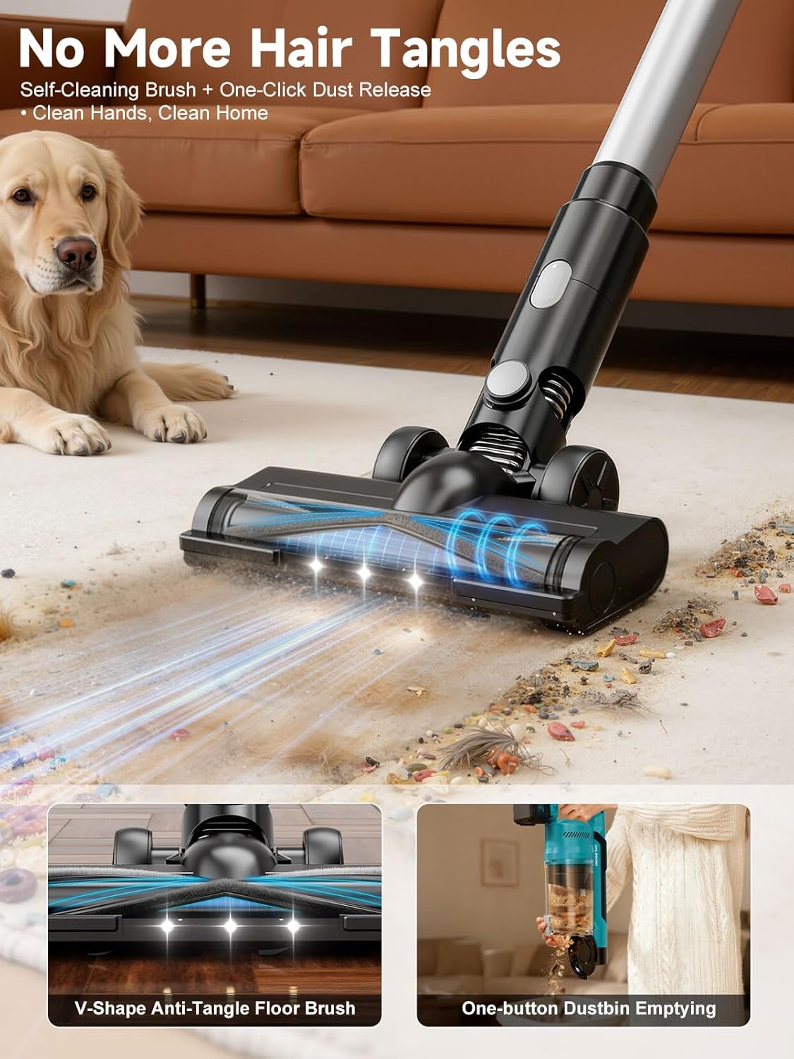 Akku Staubsauger Kabellos 60KPa/700W/70Min, Akkustaubsauger mit 8000 mAh,Staubsauger Kabellos mit 2.3M Ausziehbarer Schlauch, Anti-Tangle-Bürste, Touchscreen, für Hartböden Teppiche Tierhaare Auto – Bild 5