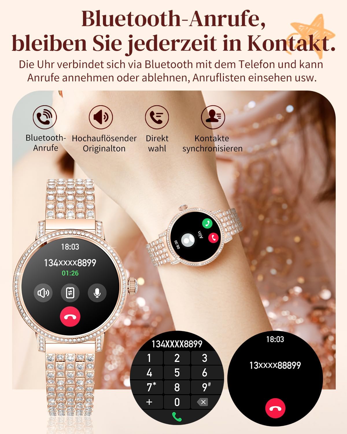 Female Diamond Smartwatch, Bluetooth-Anrufe (Annehmen und Anrufe)/Schlaf-/Herzfrequenz-Smartwatch mit 1,27-Zoll-HD-Display, Fitness-Tracker für Android und iOS – Bild 2