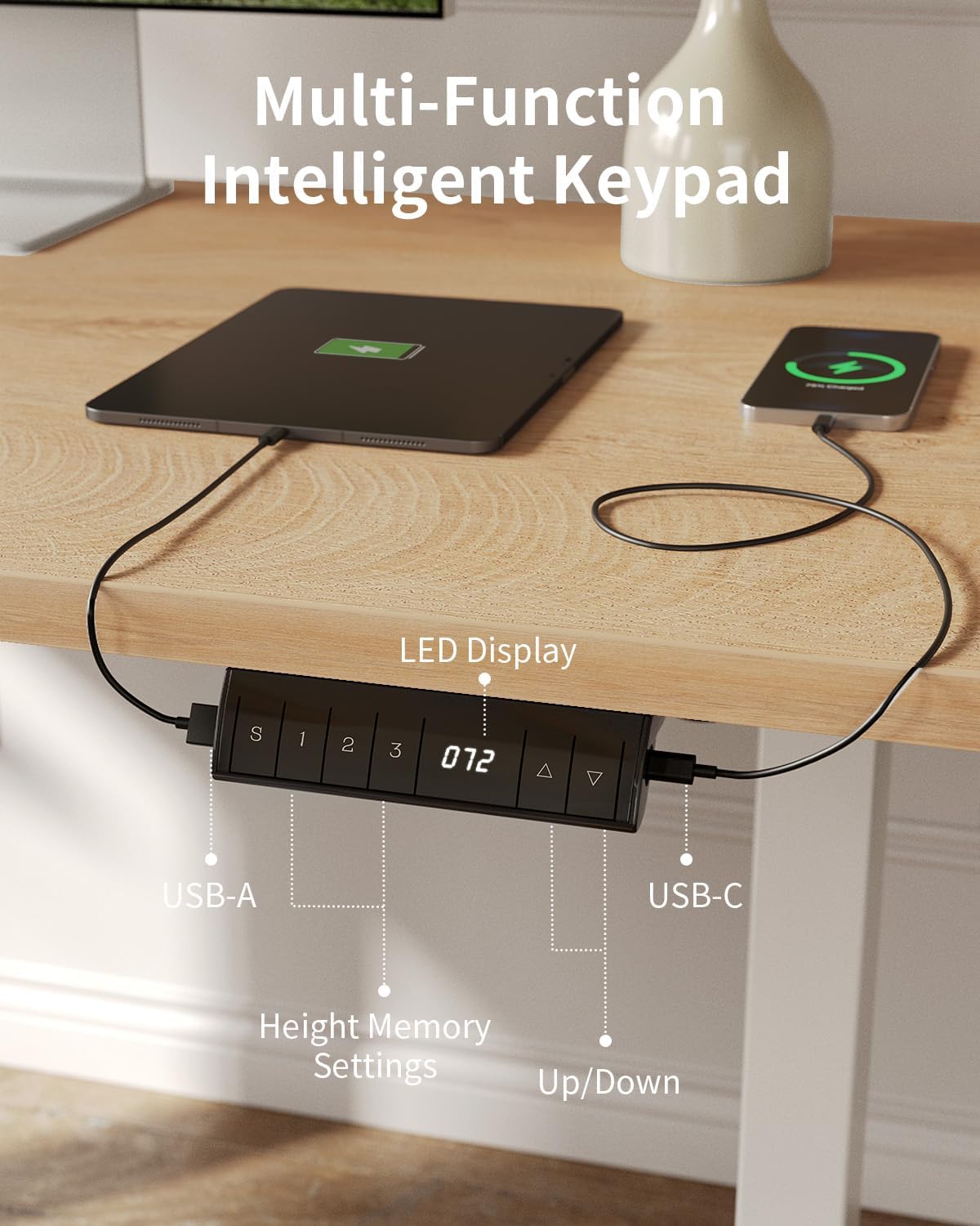 FEZIBO Höhenverstellbarer Schreibtisch, einteilige Tischplatte, 120 x 60 cm, Schreibtisch höhenverstellbar mit USB-A- und USB-C-Ladeanschlüssen, Stehsitztisch für Home Office, Stehpult, Eiche – Bild 6