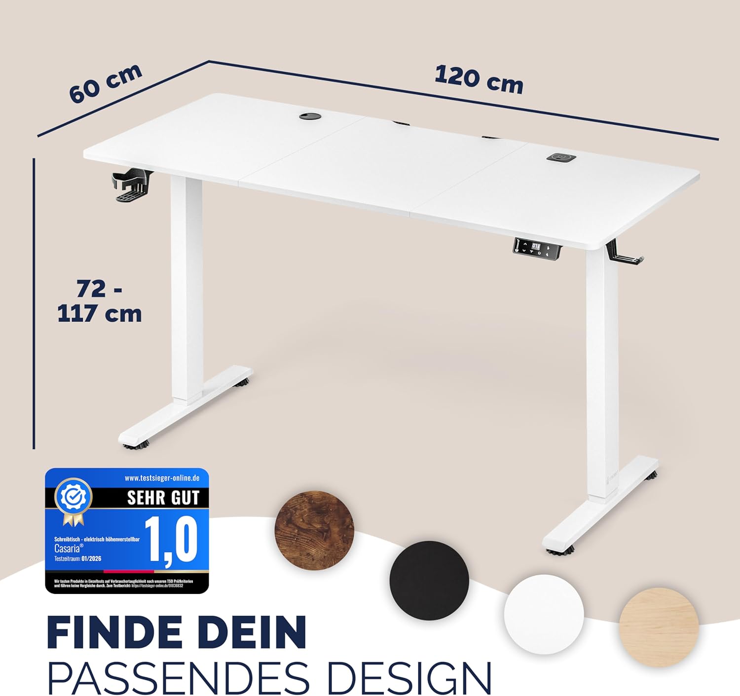 Casaria Höhenverstellbarer elektrischer Schreibtisch 120 x 60 cm mit kabellosem Ladegerät und USB-C/A-Anschluss, LCD-Display, Memory-Funktion, 80 kg Tragkraft, ergonomisch, Weiß – Bild 2