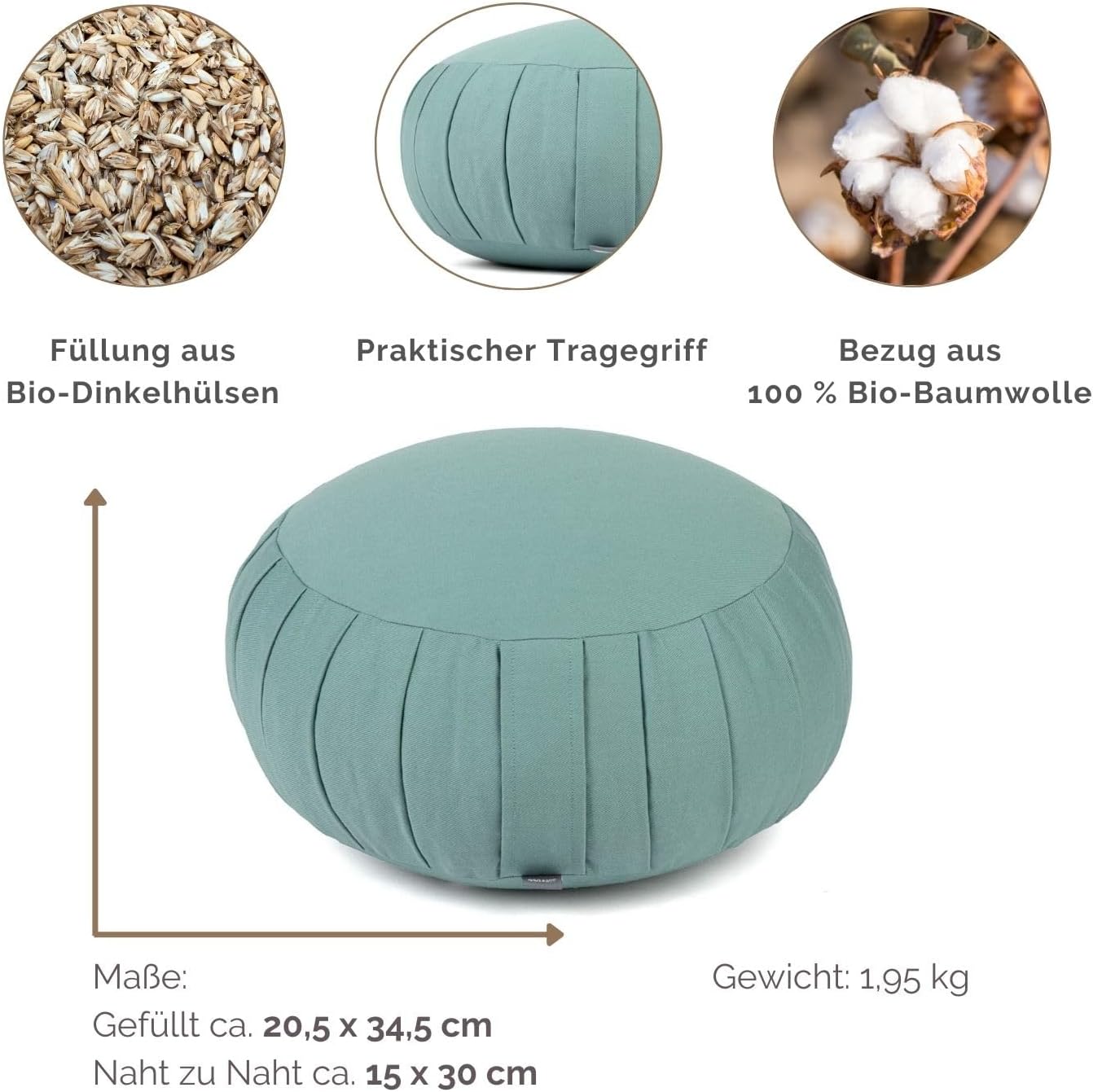 Bodhi Zafu Eco Meditationskissen, klassisches traditionelles Yogakissen rund mit Dehnfalten, Bezug aus 100 % Bio-Baumwolle, hohes Yoga-Sitzkissen mit Bio-Dinkelfüllung, Sitzhöhe 19 cm – Bild 3