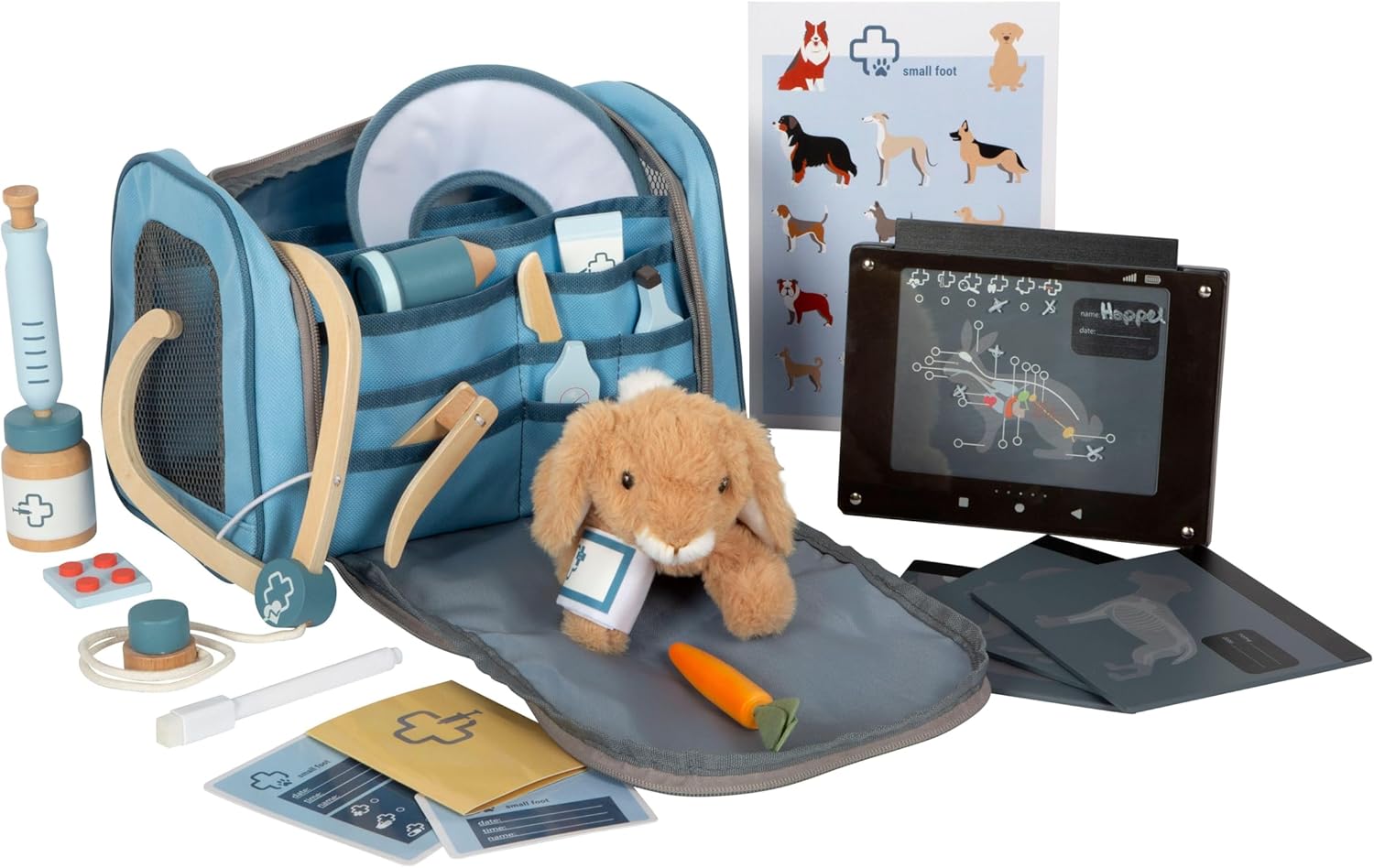 small Foot Tierarzttasche mit Hase, Spielset mit umfangreichem Holzzubehör, 24-teilig, mit Tragetasche und Plüschhase, für Kinder ab 3 Jahren, 12737