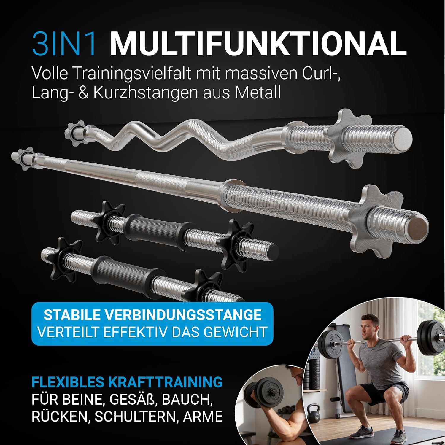 ArtSport 3-in-1-Hantelset mit 2 Hanteln, 1 Langhantel & 1 SZ Curl-Langhantel – 12 Gewichte mit 60 kg und Spinlock-Kragen – Hantelset Krafttraining – Bild 2