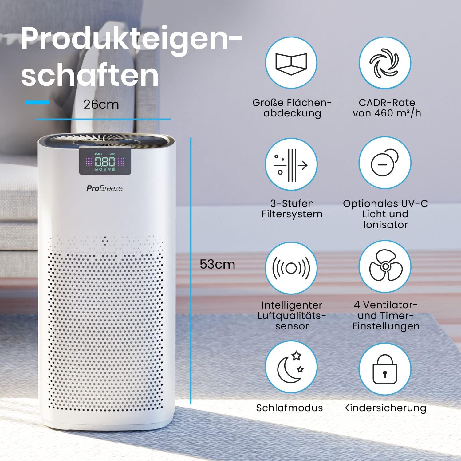 Pro Breeze Luftreiniger Hepa 13 Filter mit UV-C-Lampe, Luftionisator & Aktivkohlefilter, CADR 460 m3 – Luftreiniger mit Luftqualitätsmessgerät für große Räume bis 140 m² – bis zu 99,95 % Filterleistung – Bild 8