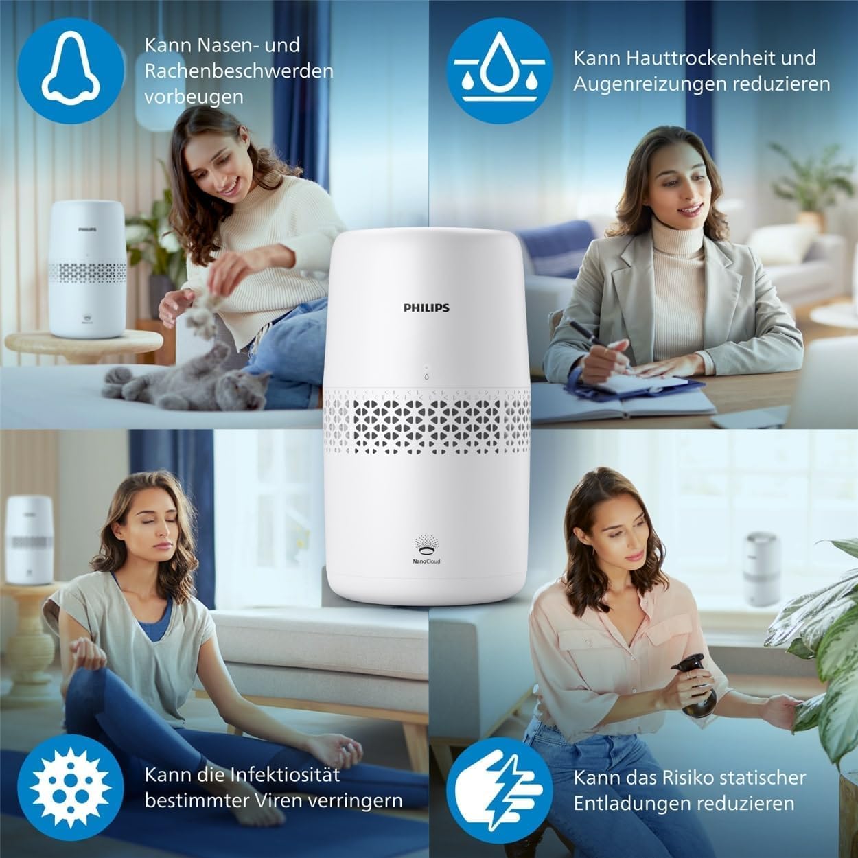 Philips Luftbefeuchtung 2000-Serie – NanoCloud-Technologie, befeuchtet Räume bis zu 31 m², 2 l Wassertank, 99 % weniger Bakterien, Weiß (HU2510/10) – Bild 11