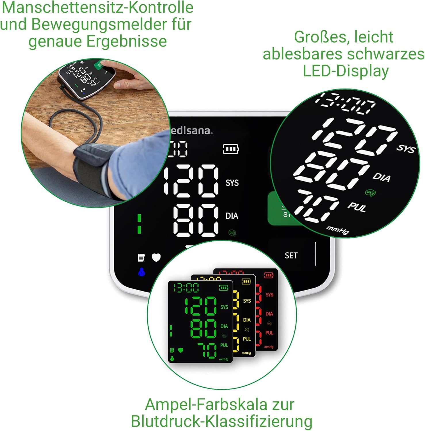 medisana BU 520 Oberarm-Blutdruckmessgerät, XXL-Blutdruckmanschette, Messgerät mit Ampel-Farbskala, Blutdruck- und Herzfrequenzmessgerät mit Anzeige von unregelmäßigem Herzschlag und Memory-Funktion – Bild 4