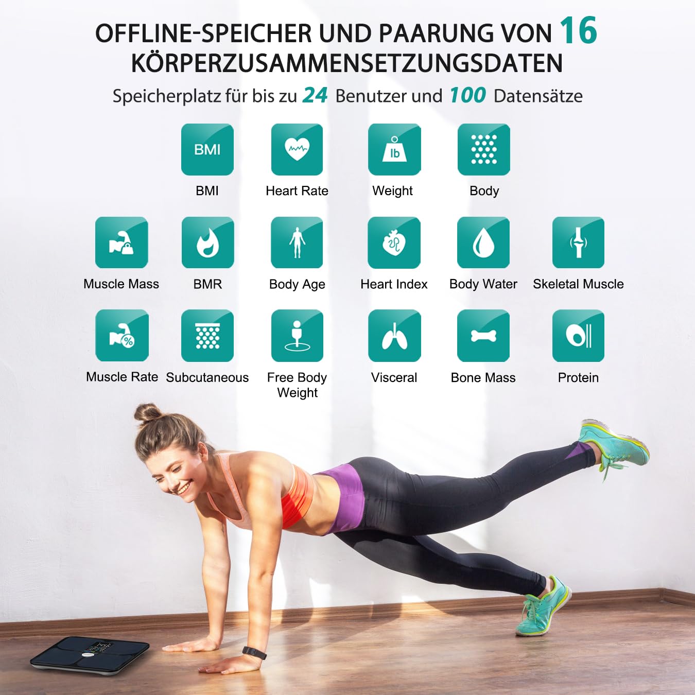ABLEGRID Wiederaufladbare Körperfettwaage, LED-Digital-Personenwaage mit Körperfett und Muskelmasse, Körperfettanalyse, 16 Messungen der Körperzusammensetzung, BMI, Herzfrequenz, 180 kg, Schwarz – Bild 3