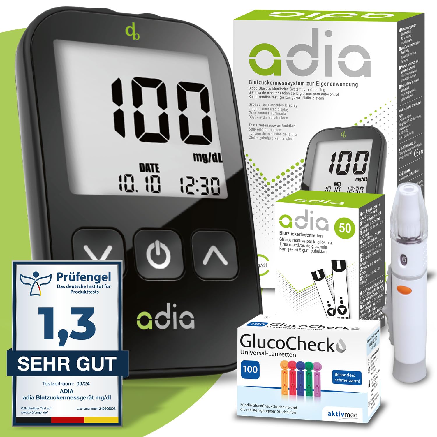Adia Vorteilspackung mit Blutzuckermessgerät-Set (mg), 60 Blutzucker-Teststreifen und 110 Lanzetten zur Überwachung des Blutzuckers