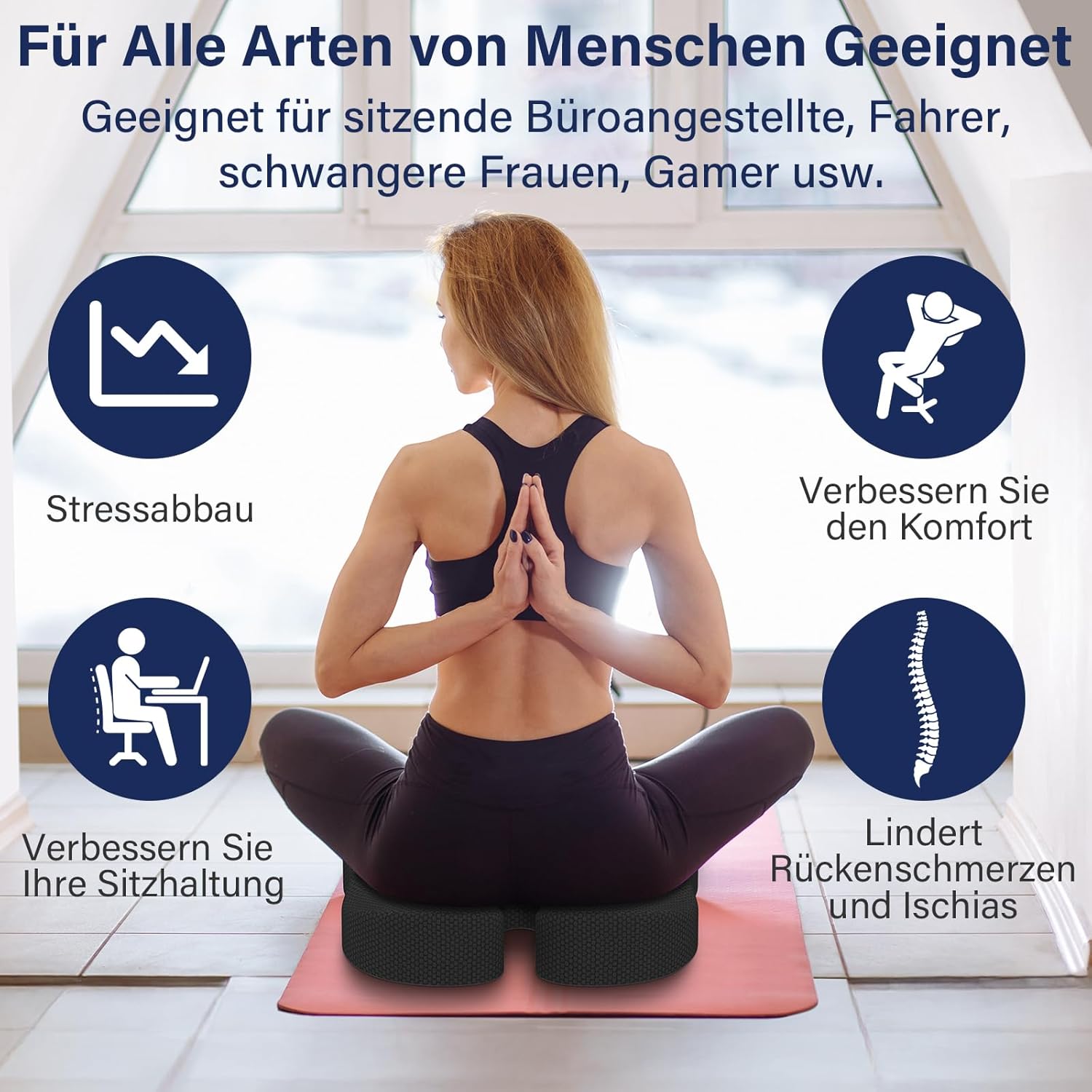 Orthopädisches Sitzkissen, ergonomisches Sitzkissen, Bürostuhl, Steißbeinkissen, Entlastung, bequemes Sitzkissen, Stuhl, Stressabbau, Stuhlkissen, Sitzpolster für Auto, Büro, Schwarz – Bild 5