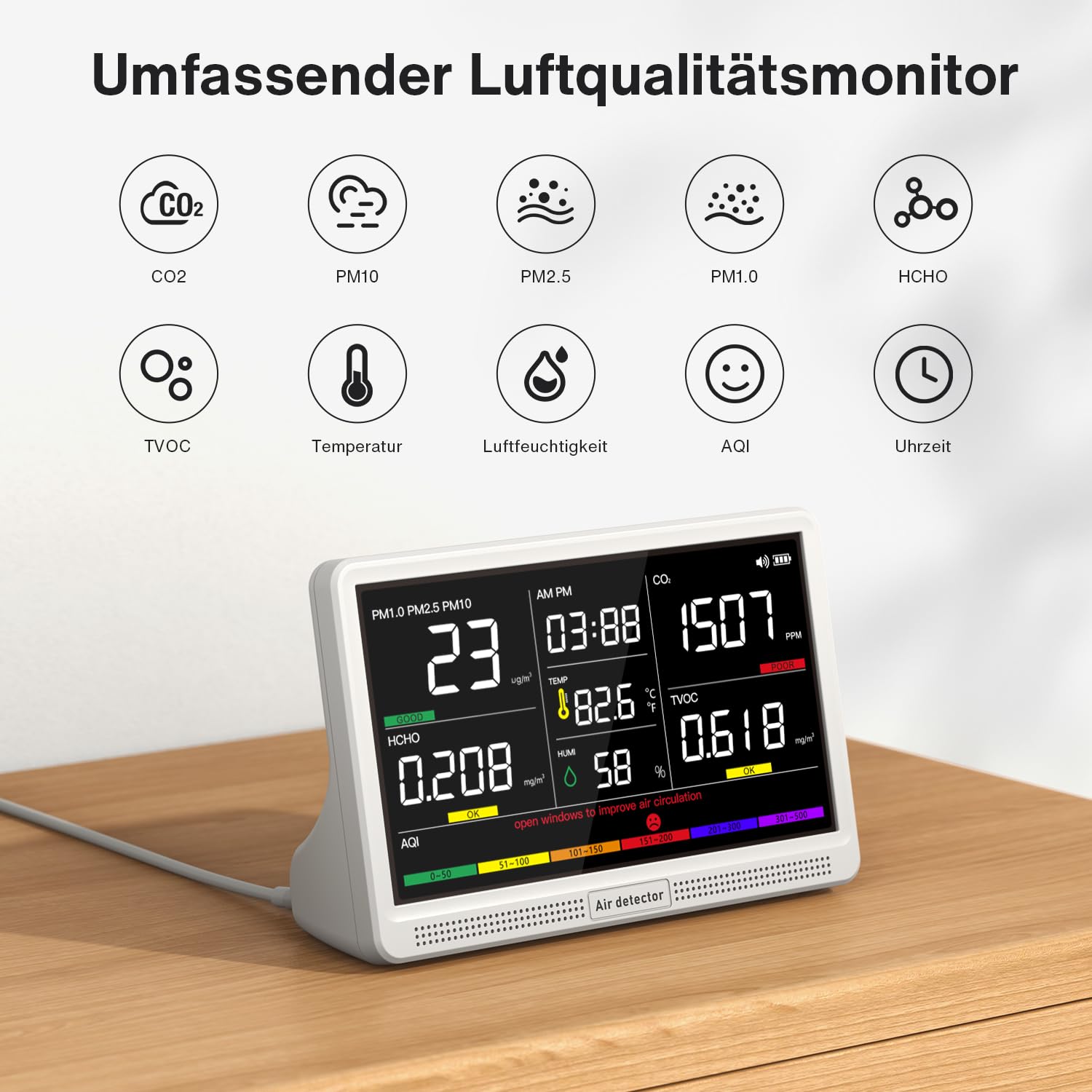 bonoch 16-in-1 Luftqualitätsmessgerät, Luftmessgerät, 9 AQI + 7 AQI-Warnungen, Luftqualitätsmonitor für CO2, TVOC, PM2,5, PM1,0, PM10, HCHO, Temperatur, Luftfeuchtigkeit, AQI und Zeit, Luftqualitätsmonitor – Bild 2