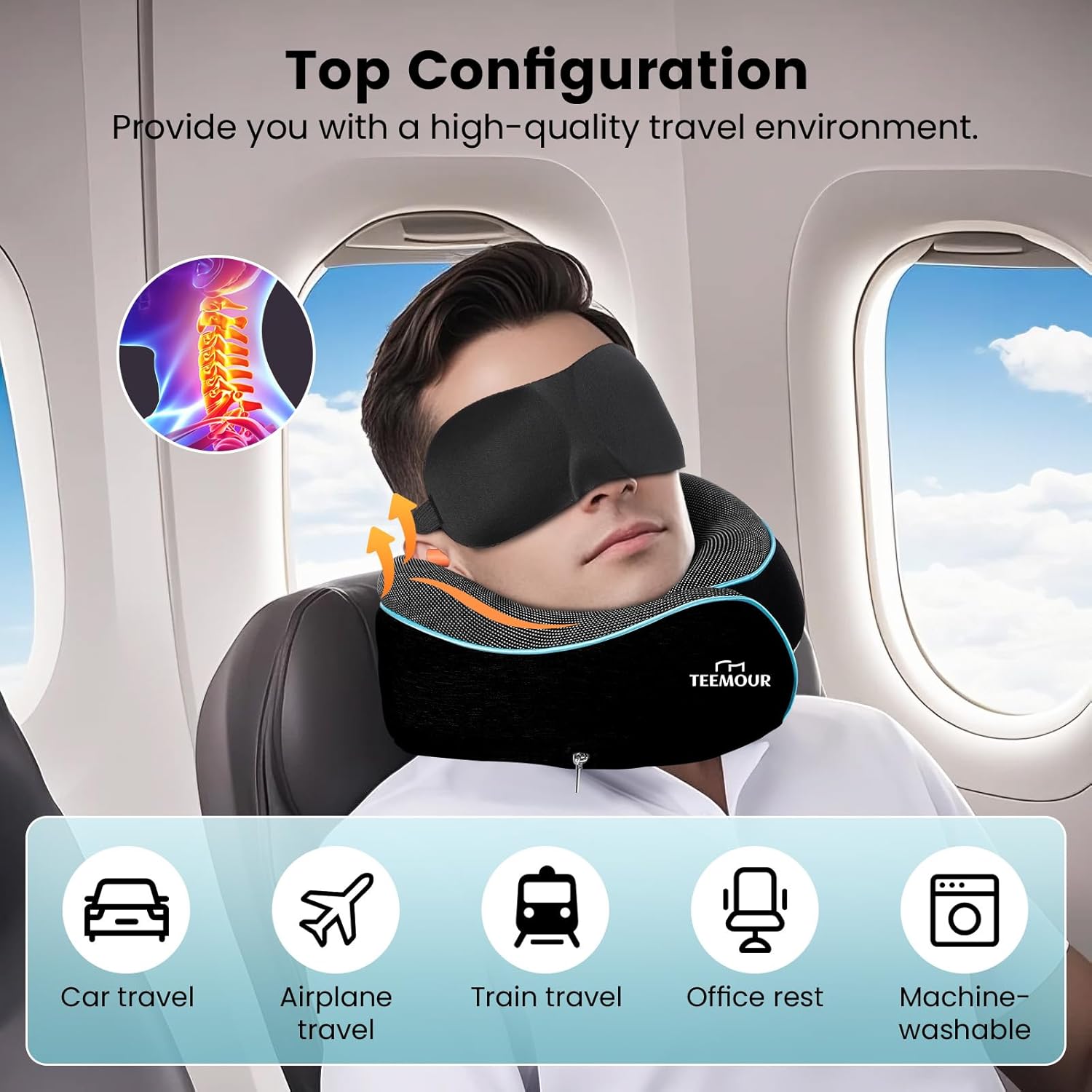 Nackenkissen Flugzeug Memory Foam Flugkissen mit Stütze inkl. Aufbewahrungstasche, Augenmaske, Ohrstöpsel, verstellbares Reisekissen für lange Flüge, Zug, Auto & Geschäftsreisen (Schwarz) – Bild 5