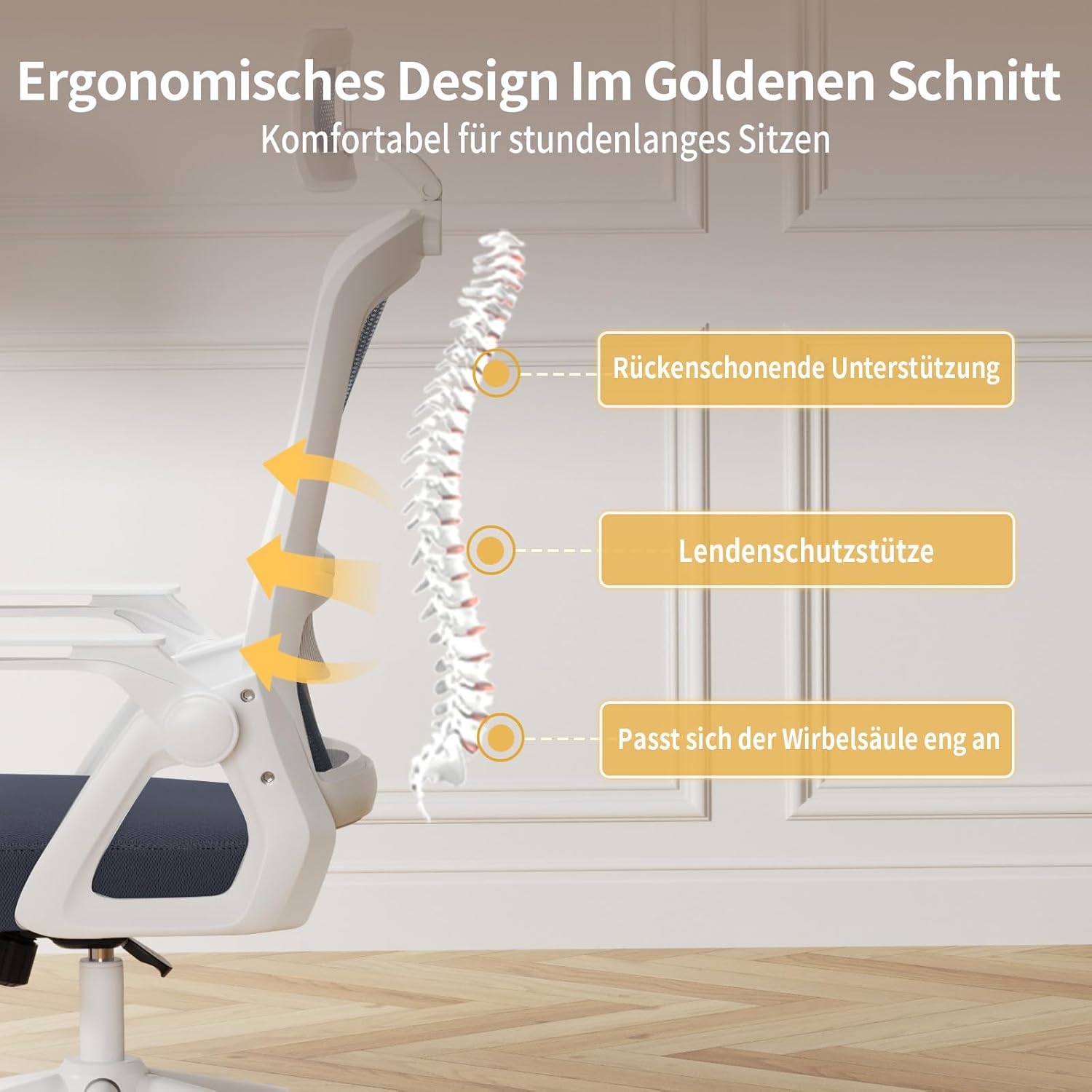 naspaluro Ergonomischer Bürostuhl mit verstellbaren Armlehnen, Schreibtischstuhl mit Kopfstütze, atmungsaktiver Netzbezug, Lordosenstütze, Höhenverstellung, Computerstuhl, 360°-Drehstuhl, hellgrau – Bild 4