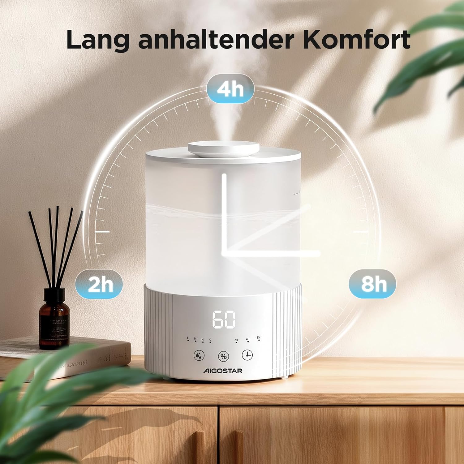 Aigostar Schlafzimmer-Luftbefeuchter mit Hygrometer – 2,5 l Ultraschall-Raumbefeuchter, 28 dB leise, Aromadiffusor für ätherische Öle, 3 Nebelstufen und Timer – für Baby, Pflanzen und Büro – Bild 6