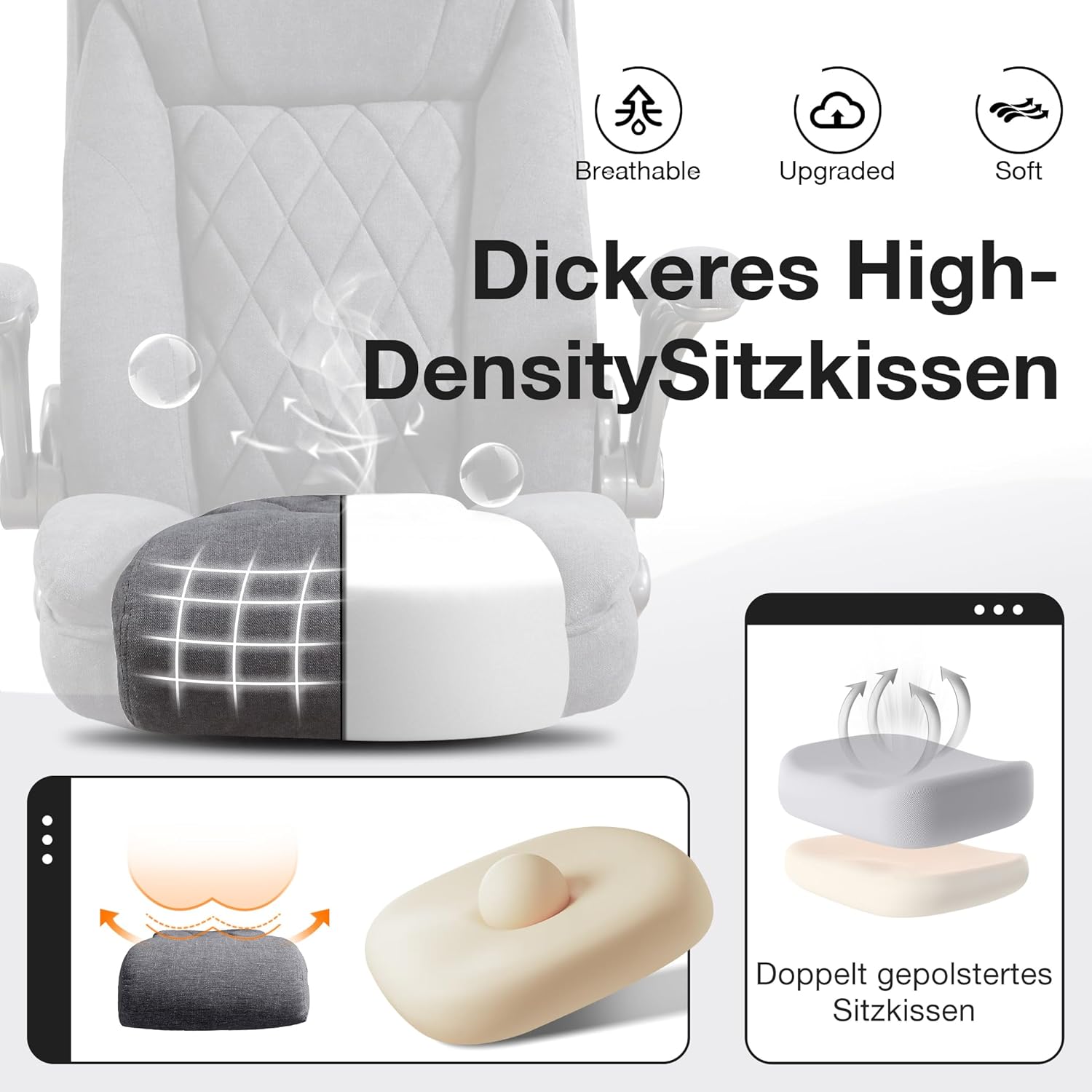Bosmiller Ergonomischer Bürostuhl, 180 kg, verstellbarer Schreibtischstuhl mit hoher Rückenlehne und breiter Sitzfläche, klappbare Armlehne, Bürostuhl für Büro, Computer, Chefsessel – Bild 5