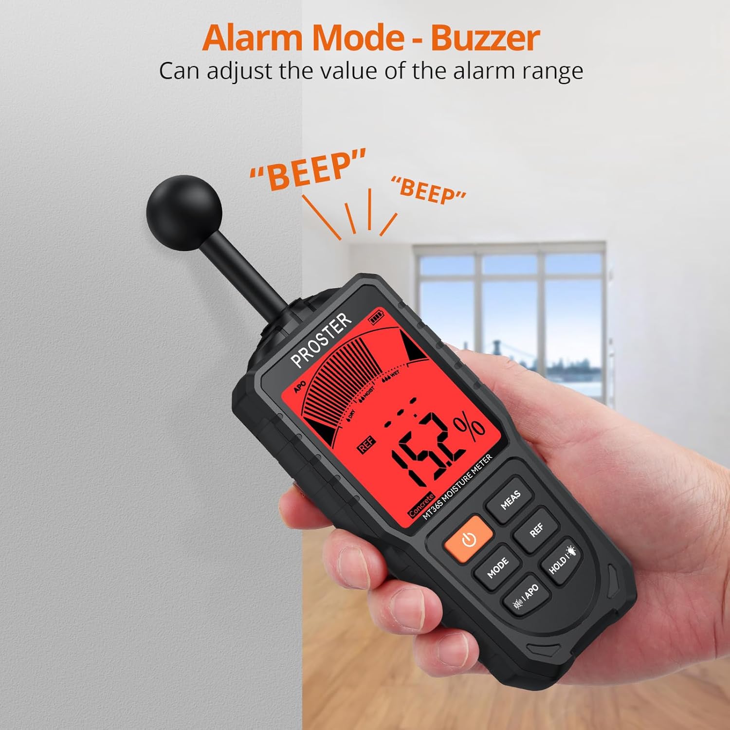 Proster Wiederaufladbares Feuchtigkeitsmessgerät für Wände – visueller und akustischer Alarm, 5 Modi mit Index, 3-Farben-LCD, für Holz, Beton, Putz, Mauerwerk und mehr, ideal für Bauarbeiten – Bild 5