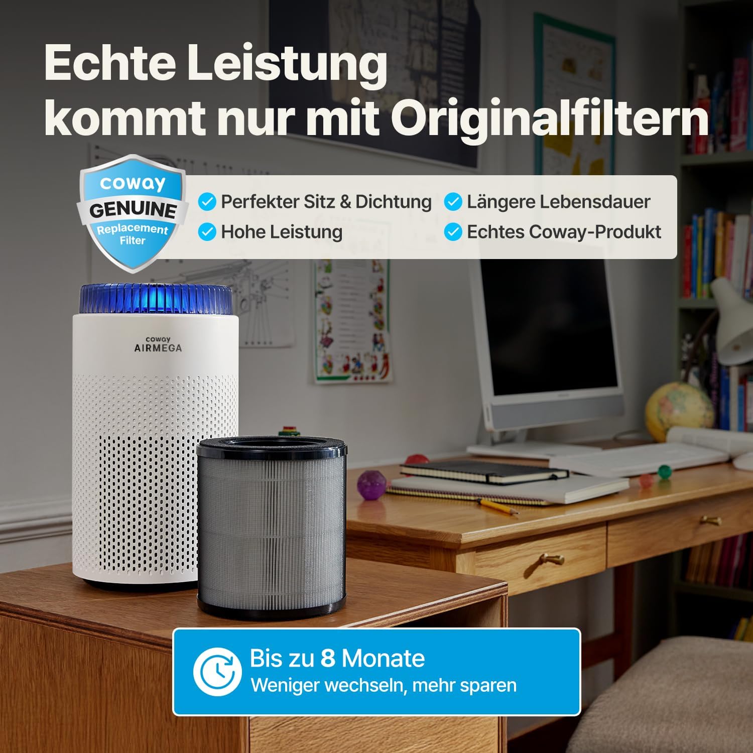 COWAY Luftreiniger Allergiker für Schlafzimmer & kleine Räume, leiser Luftreiniger mit 18,4 dB, CADR 120,1 m³/h, Mood Light, Automatik gegen Pollen, Staub, Tierhaare & Rauch, AIRMEGA 50 – Bild 9