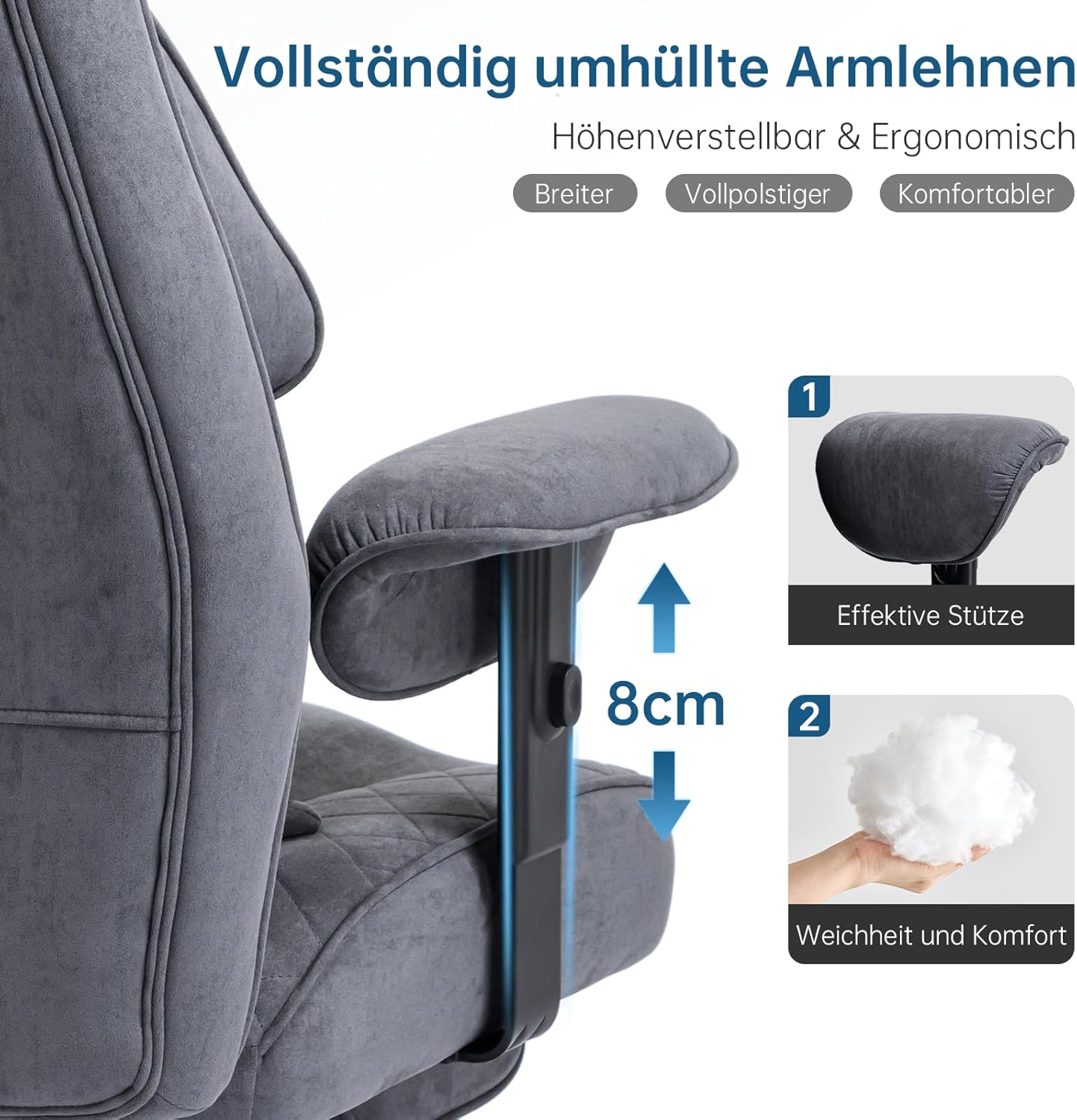 Ergonomischer Bürostuhl mit Fußstütze – Schreibtischstuhl Chefsessel 200 kg, starke Polsterung, hohe Rückenlehne, Lordosenstütze, Armlehnen höhenverstellbar, Wildlederimitat – Bild 7