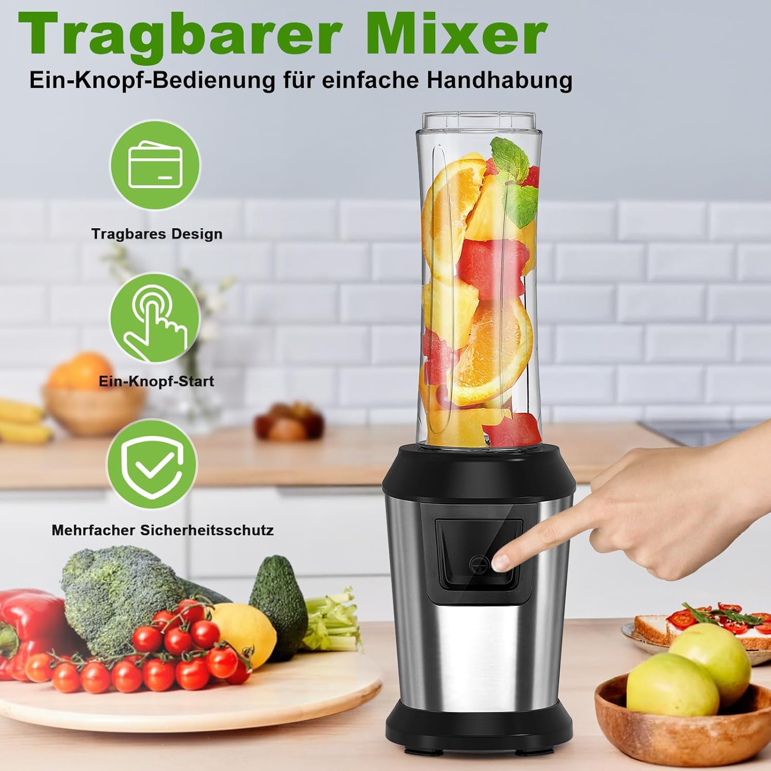 Mixer, Smoothie Maker, 500 W Standmixer to Go mit 2 x 600 ml Smoothie-Flaschen, BPA-freies Tritan, tragbarer Mixer Smoothie Maker aus Edelstahl, 4 Blätter für Shake, Smoothie und Babynahrung, Silber – Bild 5