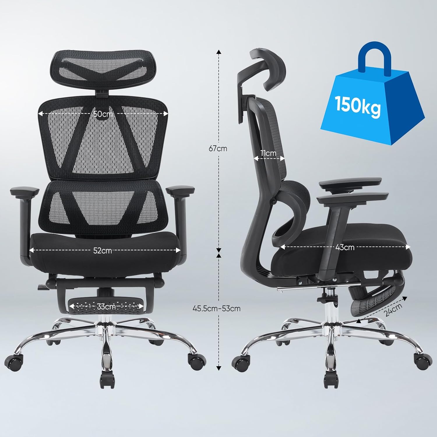 Ergonomischer Bürostuhl, Netz-Schreibtischstuhl mit Kopfstütze, Fußstütze und 3D-Armlehnen, höhenverstellbarer ergonomischer Bürostuhl, Bürostuhl mit 150 kg Tragkraft, Schwarz – Bild 3