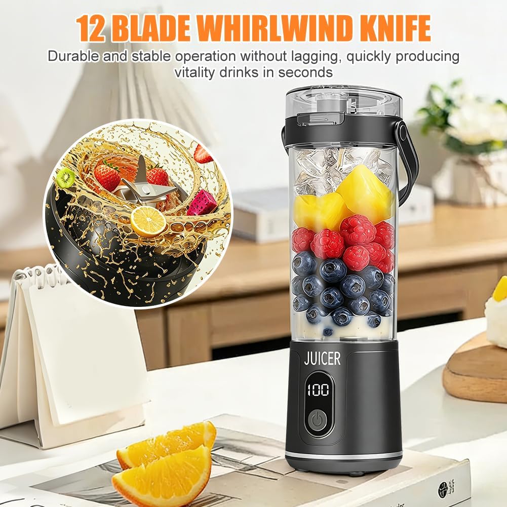 Tragbarer Mixer to Go, 600 ml Frischsaft-Mixflasche, Mini-Mixer und Smoothie-Maker mit 12 Klingen, kabelloser und wiederaufladbarer tragbarer Mixer für Fruchtsaft-Shakes, Smoothies, Babynahrung (grau) – Bild 3