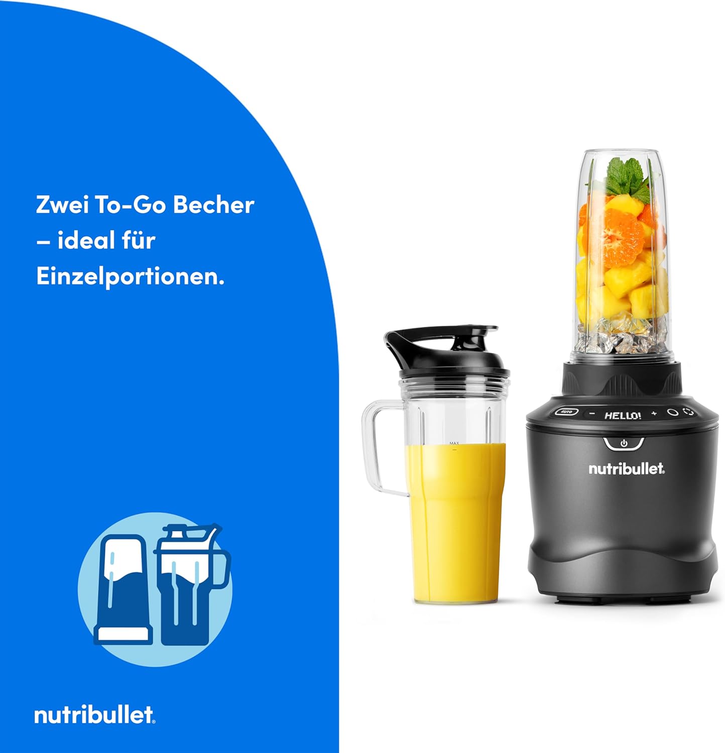 Nutribullet SmartSense Mixer Combo NBF550DG, Standmixer mit 5 Geschwindigkeiten und Pulsfunktion, 1,9 l Mixbehälter, 700 und 900 ml Becher mit Griff, automatischer Zyklus, To-Go-Deckel, 1500 W, Schwarz – Bild 8