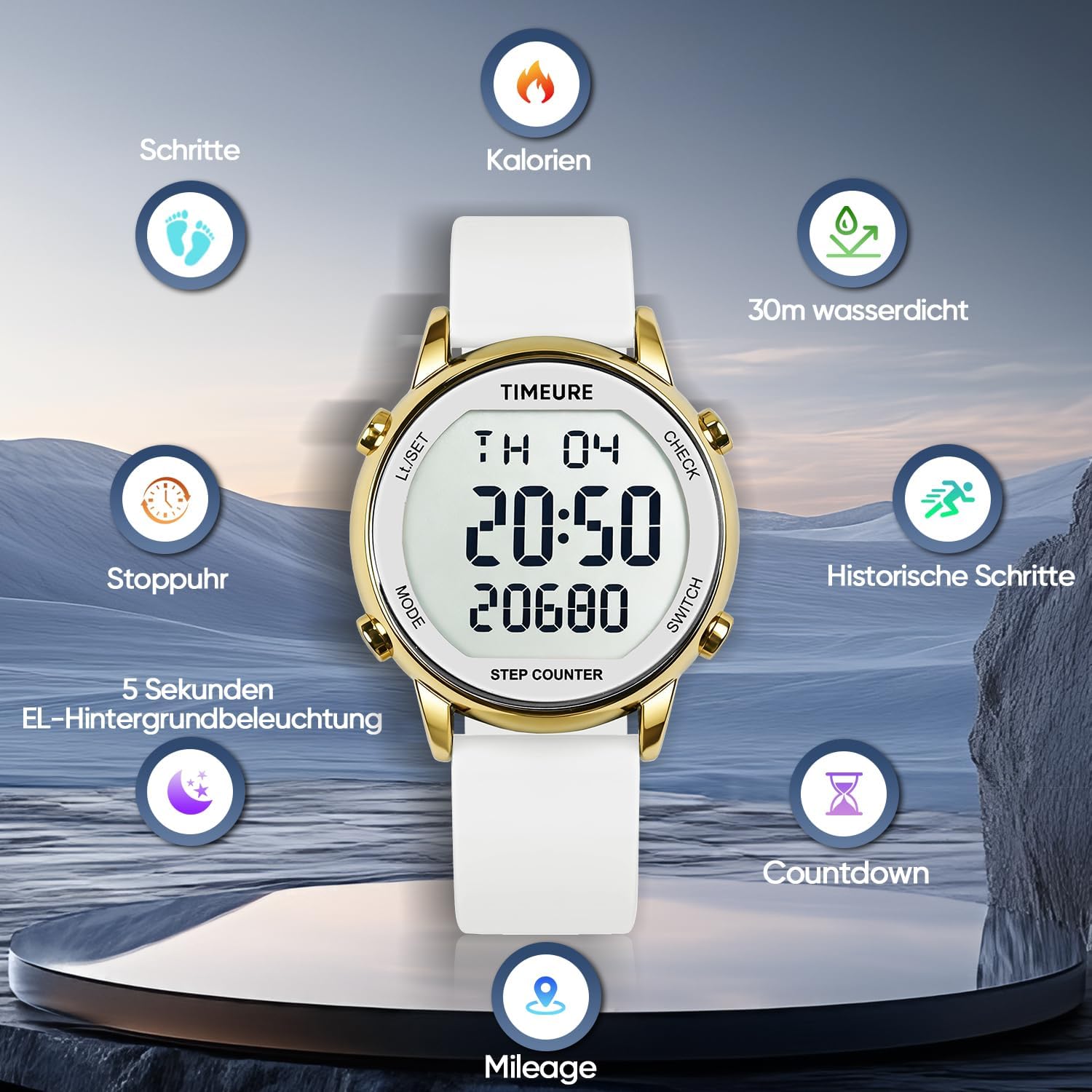 TU-2509 Schrittzähler-Uhr für Damen, Schrittzähler zum Gehen, keine App/Telefon erforderlich, wasserdichter Fitness-Kalorien-Tracker, Entfernungsmessung, Alarm, großes digitales Display, Uhr, TU-2509 – Bild 2