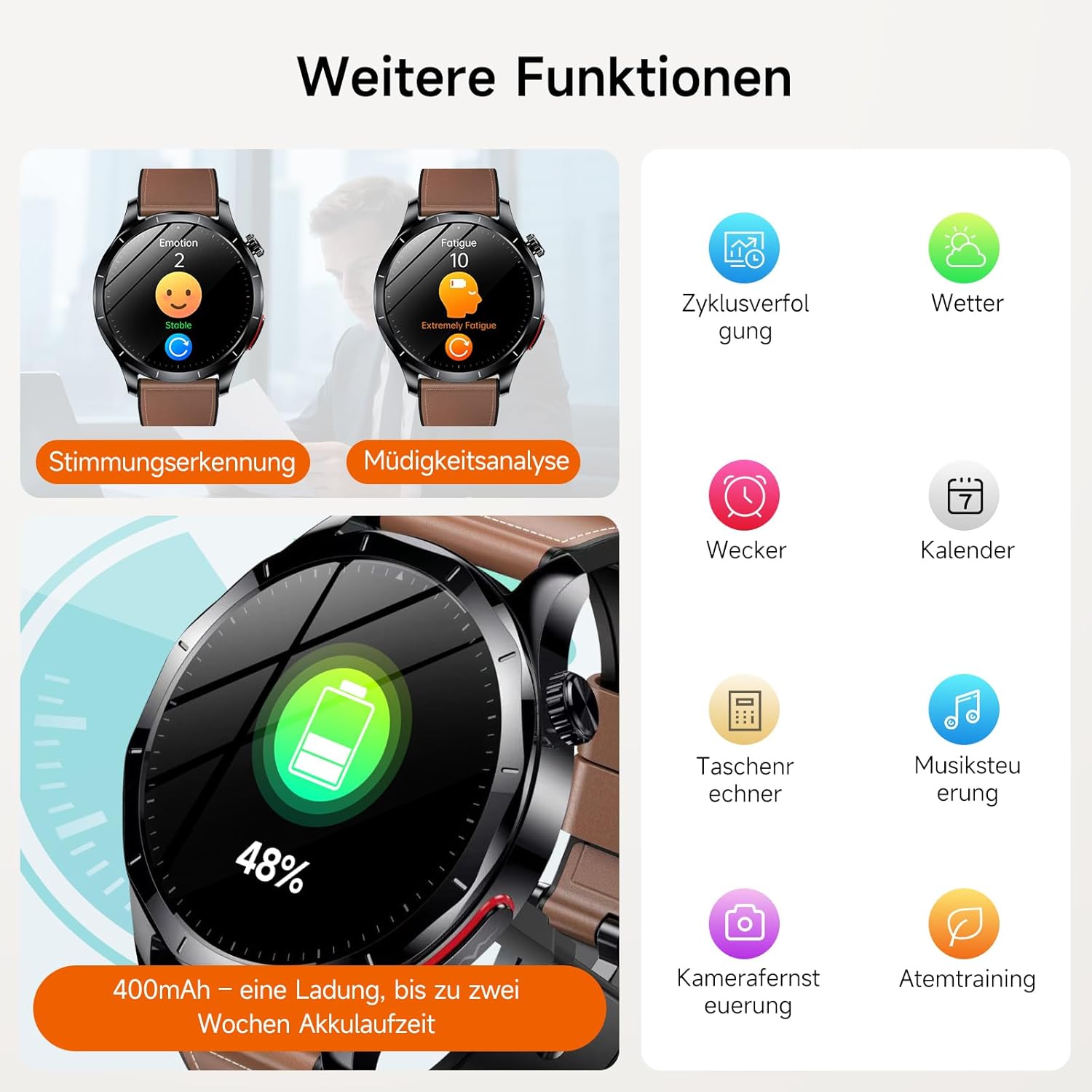 2026 Herren Smartwatch mit EKG/HRV/BMI/Harnsäure, 1,43 Zoll AMOLED Gesundheitsuhr mit 24H SpO2 Apnoe Schlafmonitor SOS Notruf Fitnessuhr Android/iOS (Braunes Leder) – Bild 7