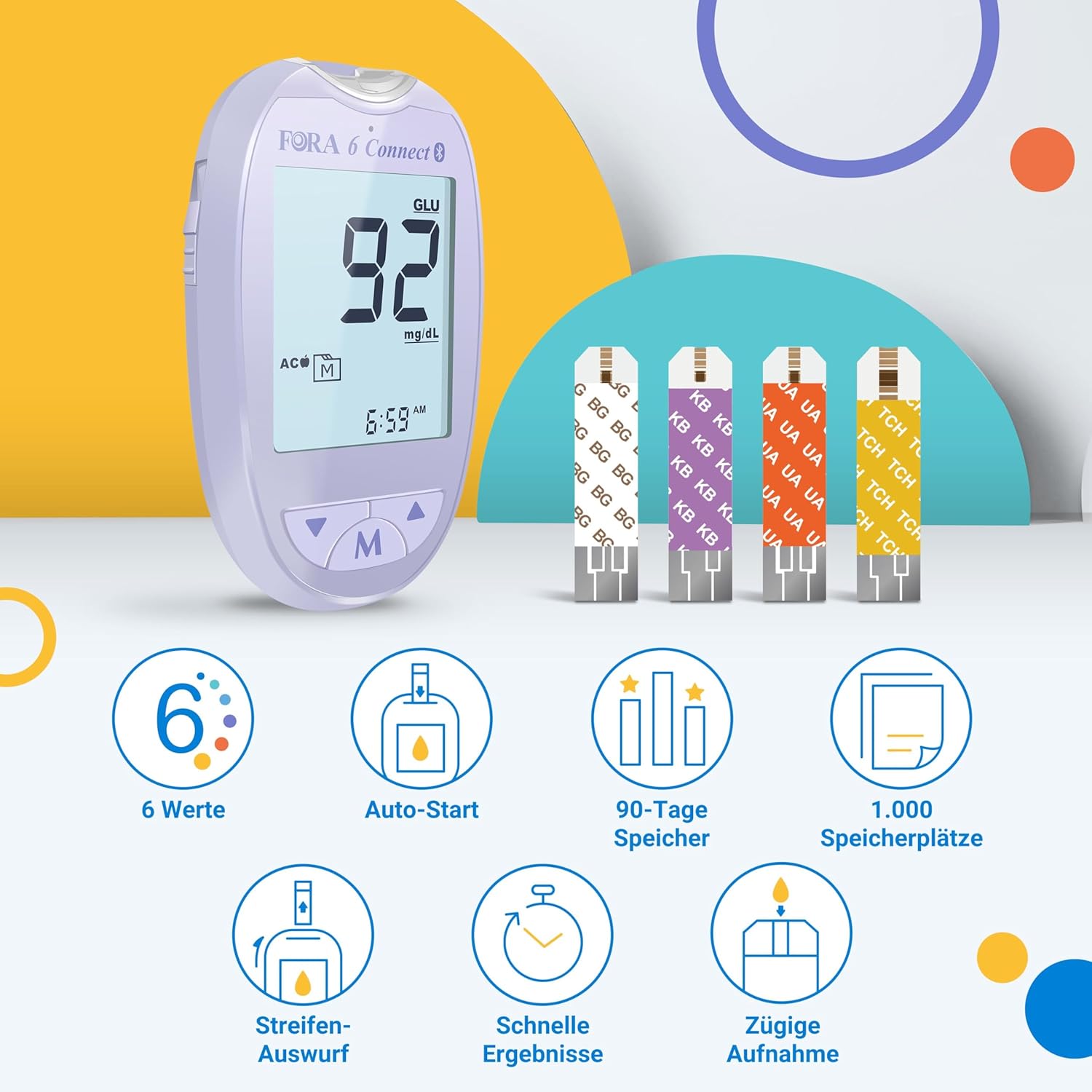 FORA 6 Connect | 4-in-1-Blutzucker-, Keton-, Cholesterin- und Harnsäuremessgerät | Für den Heimgebrauch | Bluetooth & App | Inklusive Teststreifen und Zubehör, Lavendelviolett – Bild 7