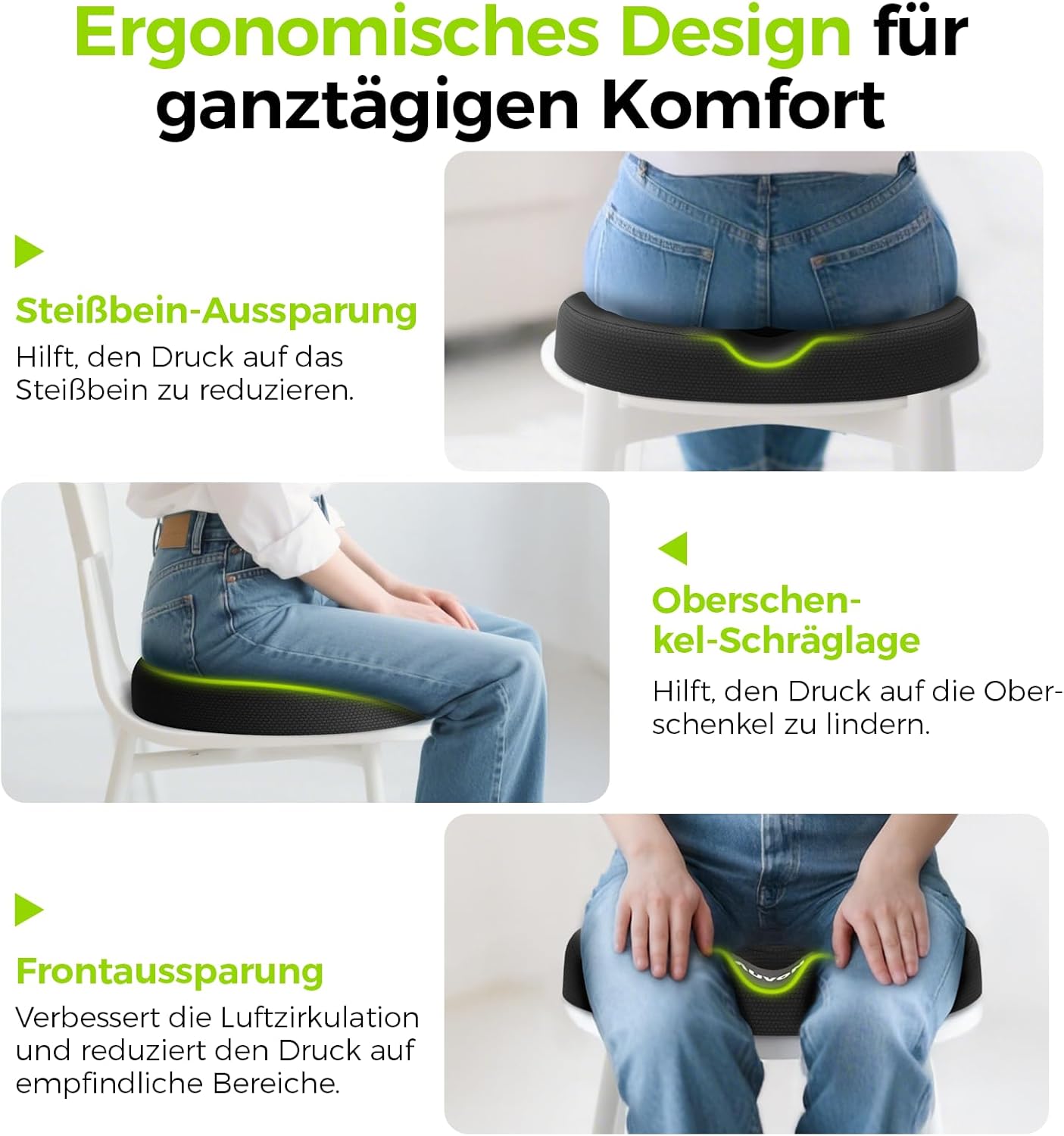 AUVON Orthopädisches rundes Sitzkissen mit doppelter U-Form und Oberschenkel-Entlastungsschräge, Hämorrhoiden-Sitzkissen, Bürostuhl, Auto, Sitzring erhöht den Sitzkomfort, fördert die Durchblutung, entlastet das Steißbein – Bild 4