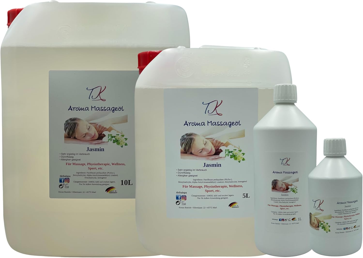 Aroma-Massageöl-Set-9 (2 x 500 ml) für Massage, Physiotherapie, Wellness, Sport etc. in pharmazeutischer Qualität (1000 ml, Jasmin & Zitrone) – Bild 8