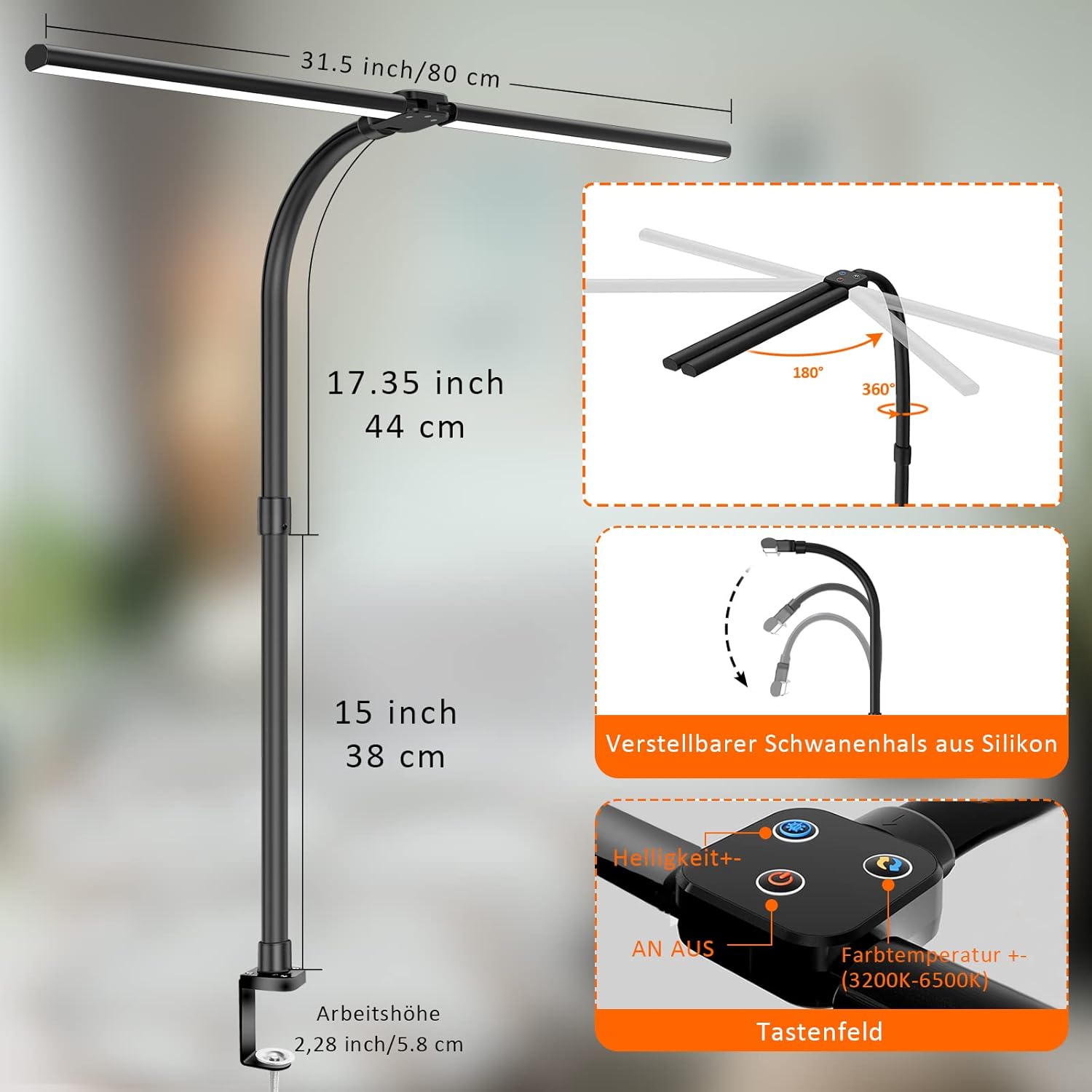 Doppelkopf-Schreibtischlampe LED dimmbar, 24 W 80 cm Schreibtischlampe, klemmbares Heimbüro, Tageslichtlampe Schreibtischlampe, Schwanenhals-Bürotischlampe schwarz, Augenschutz-Monitorlampe – 5 Farbmodi – Bild 6