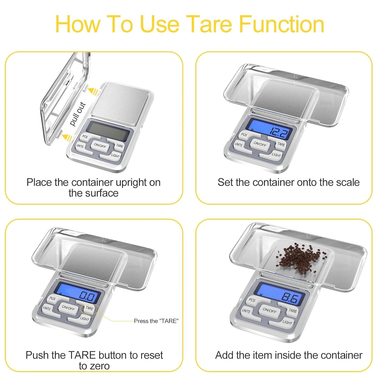 Fousenuk Taschenwaage, Lebensmittelwaage, Edelstahl-Haushaltswaage mit LCD-Display und Tara-Funktion, digitale Küchenwaage, hohe Präzision 500 g/0,01 g, für Kaffee, Lebensmittel, Schmuck – Bild 5