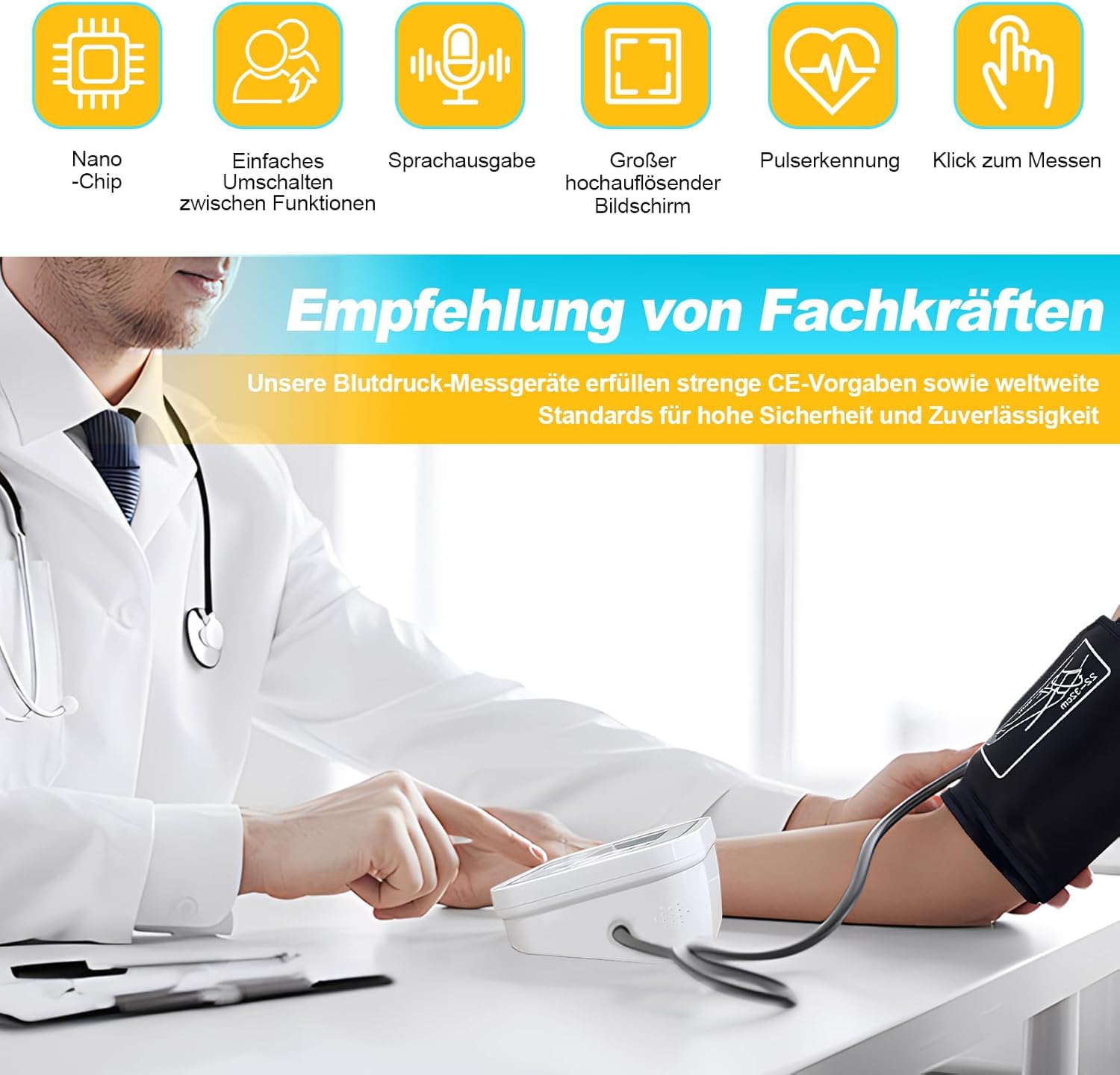 Blutdruckmessgerät Oberarm Digitalmonitor Hoher Blutdruck LED-Anzeige, Arrhythmie-Erkennung & Pulsmessung, große Manschette 22-36 cm, 2 x 99 Speicher – Bild 2